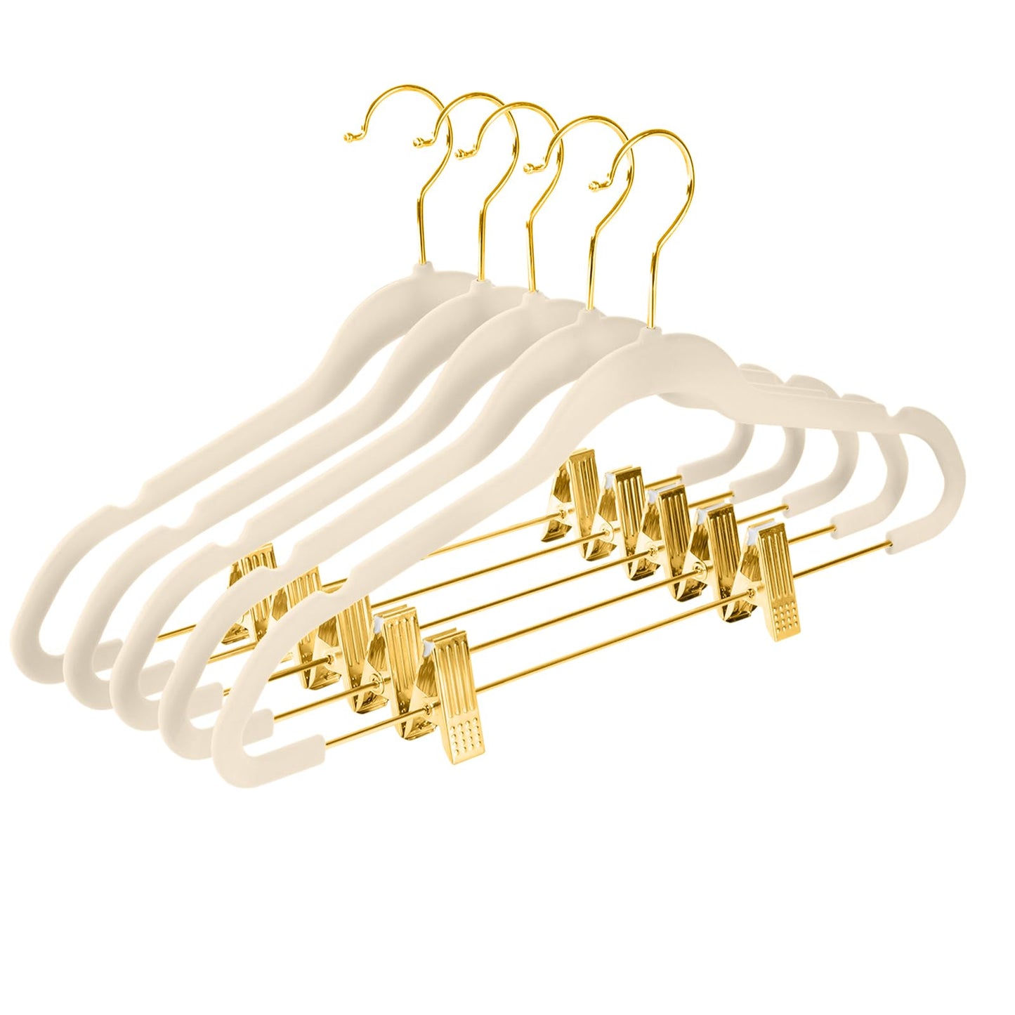 MIZGI Premium Velvet Pants Hangers with Adjustable Clips (Pack of 20) - Slim Skirt Hangers - Non Slip Felt - Ivory/Gold