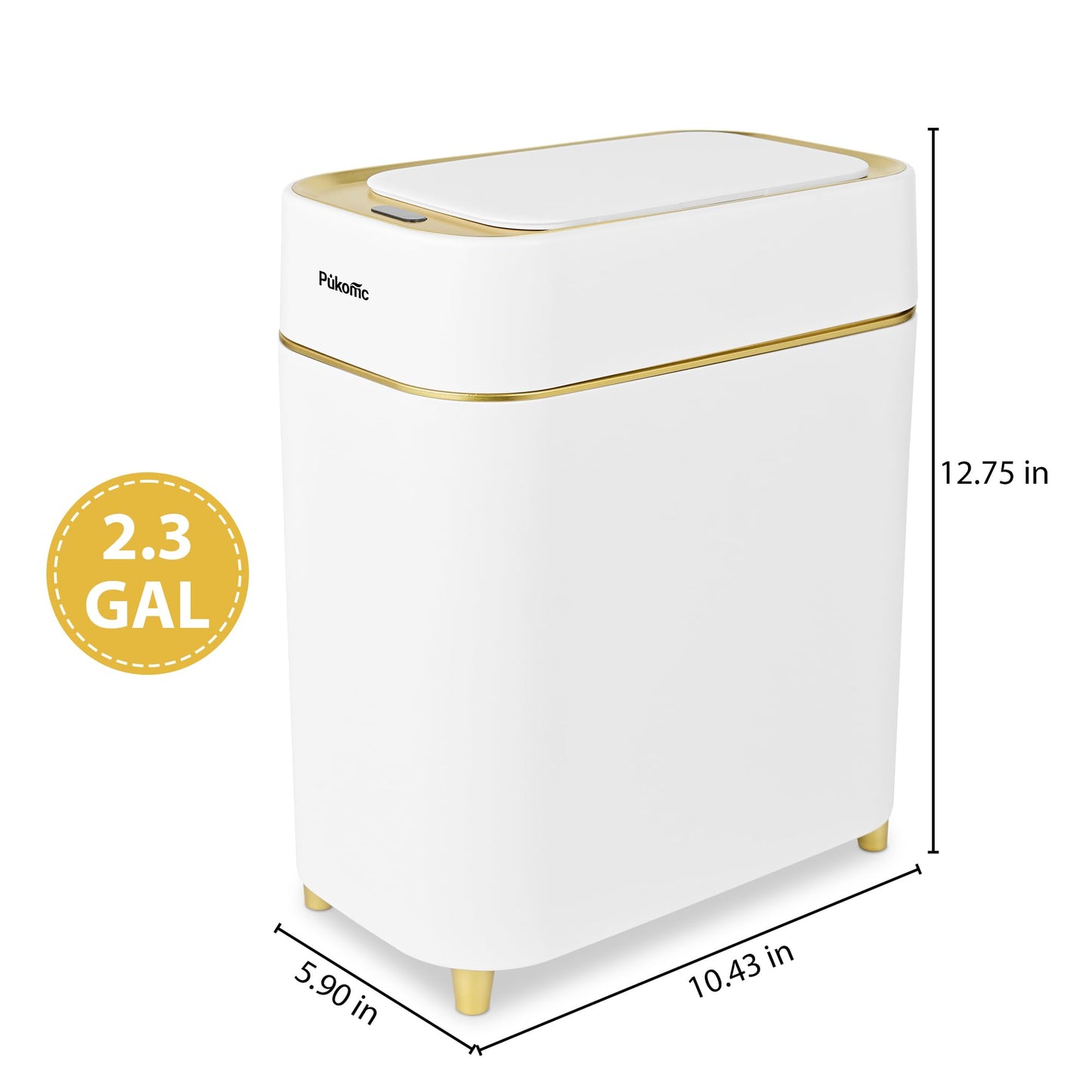 Pukomc 2.3 Gallon / 9L Automatic Adsorption Sensor Trash Can, White Gold Motion Sensor Garbage Bin with Suction, Slim Fashionable Design for Kitchen, Bathroom, Office & Small Space