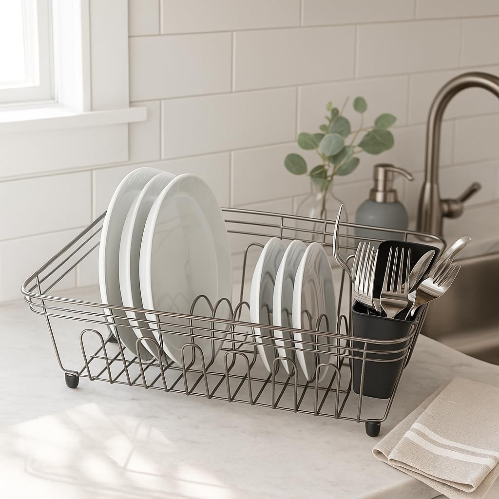 Oggi Compact Dish Drying Rack - Black Steel Drainer, Racks for Kitchen Counter, Durable Coated Steel Kitchen Dryer with Cutlery Holder