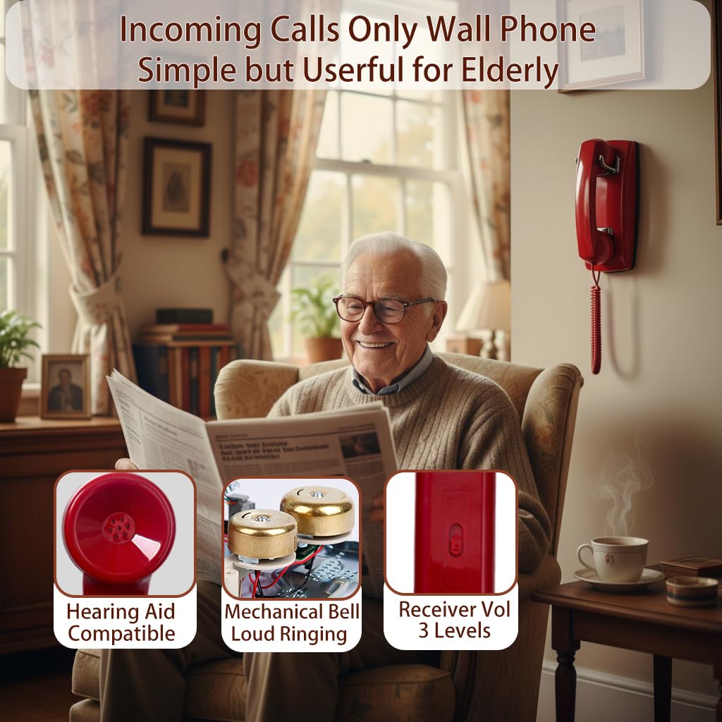 HTMengt No Dial Wall Phone for Elderly Dementia, No Dialpad Wall Telephone for Older,Incoming Calls Only Wall Phones for Senior, 2554 Wall Telephone without Keypad for Memory Care,Home,Bar,Garage, Red