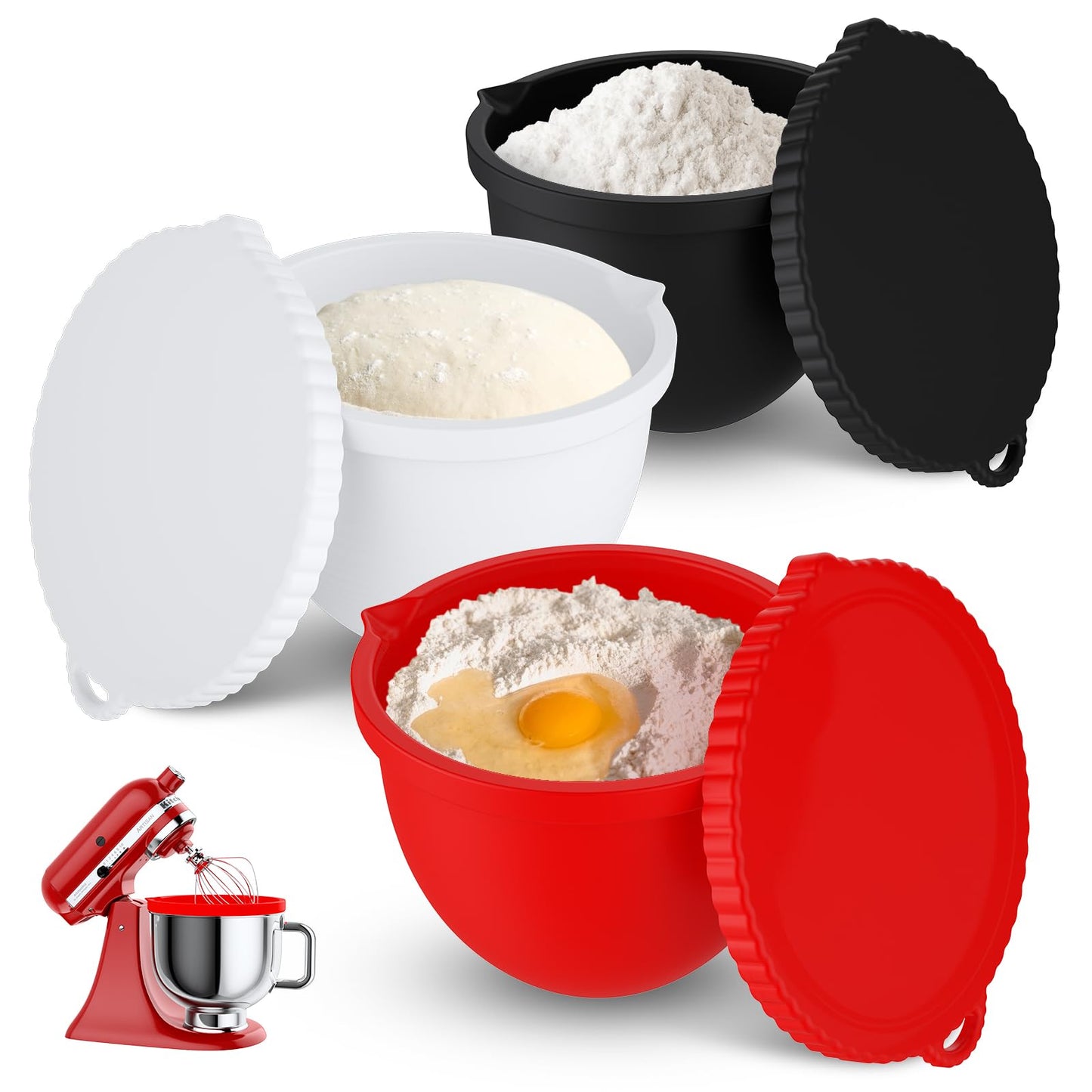 Hexnova 3 Pack Silicone Bowl Liners with Lids Compatible with KitchenAid 5 Qt Tilt-Head Mixer, Bowl Inserts with Measuring Lines, Pour Spout, Hanging Hole for Mixing, Proofing & Storage