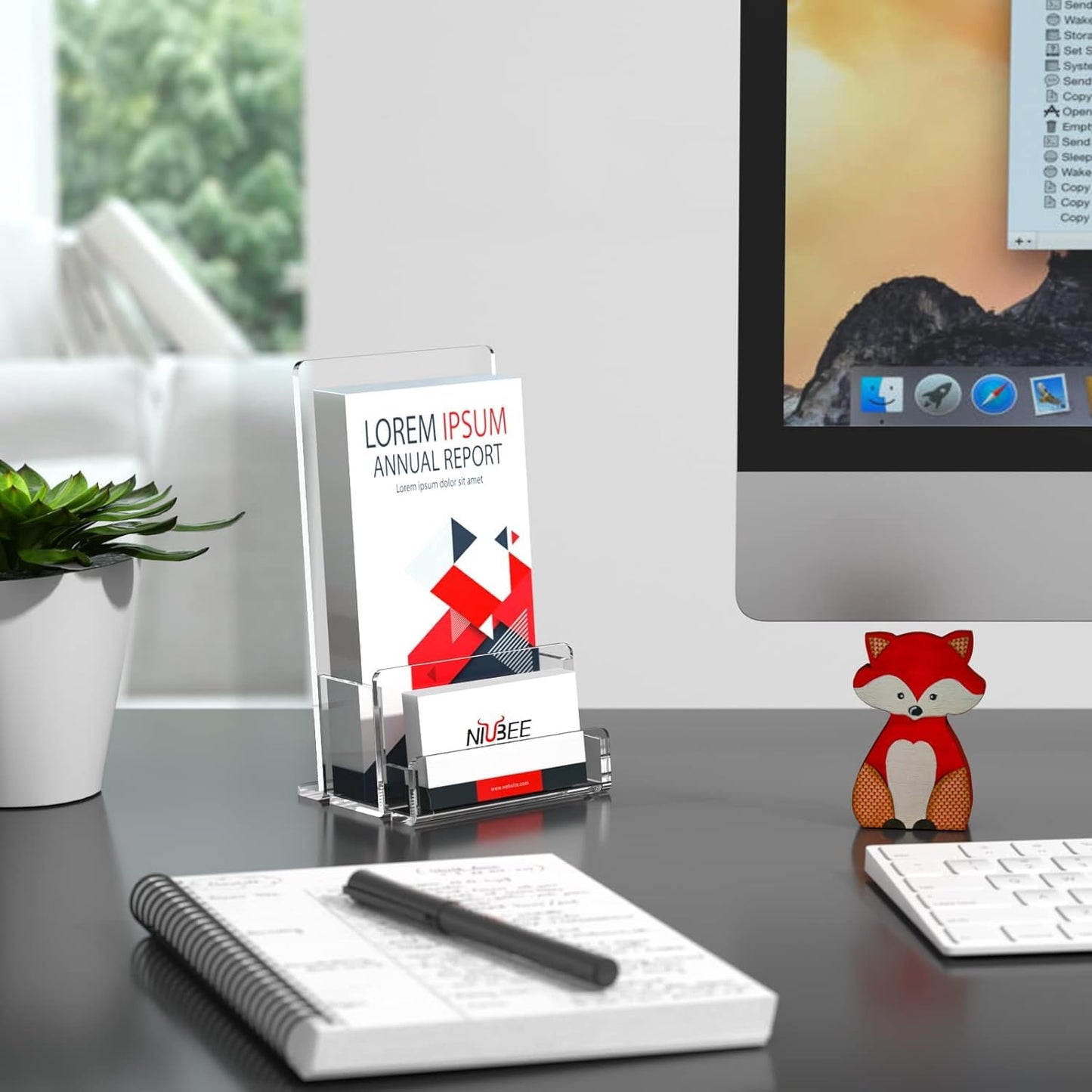 NIUBEE 6-Pack Acrylic Brochure Holder 4‘’ , Clear Brochure Display Stand with Acrylic Business Card Holder, Plastic Flyer Display Stand for Magazine, Pamphlet, Booklets, Menu, Journals, Business Card