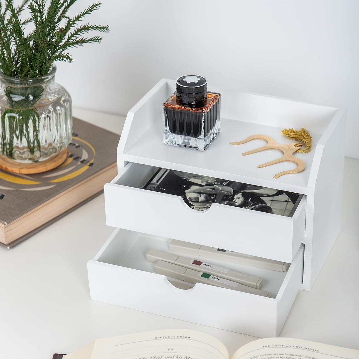 ZGZD Wooden Organizer Mini Desk Drawer Tabletop Office Supplies Desk Accessories for Office or Home White (2 Drawers)