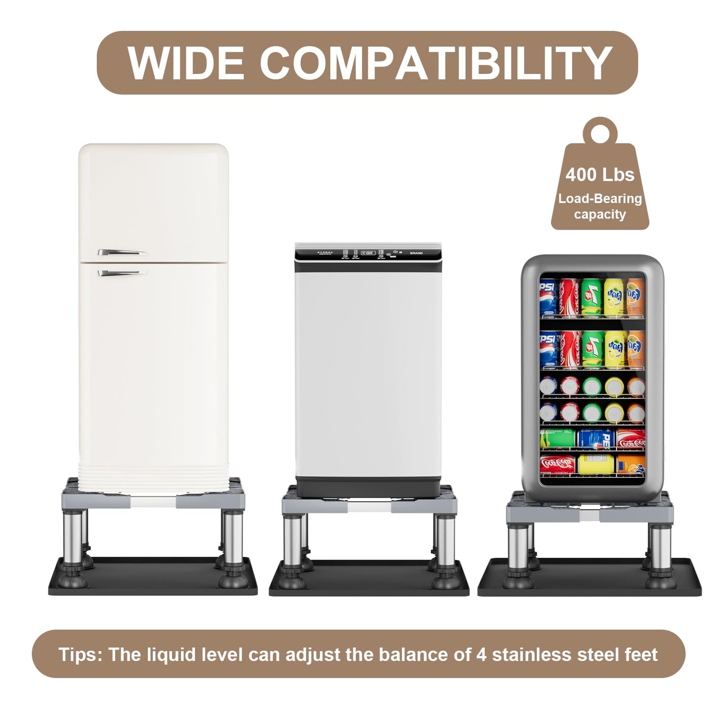 Mini Fridge Stand with Silicone Drip Tray Mat, Adjustable Height 9"-10.2" Washer Dryer Pedestal Stand with Stainless Steel Feet, Universal Appliance Base for Mini Fridge, Washing Machine, Dorm Room