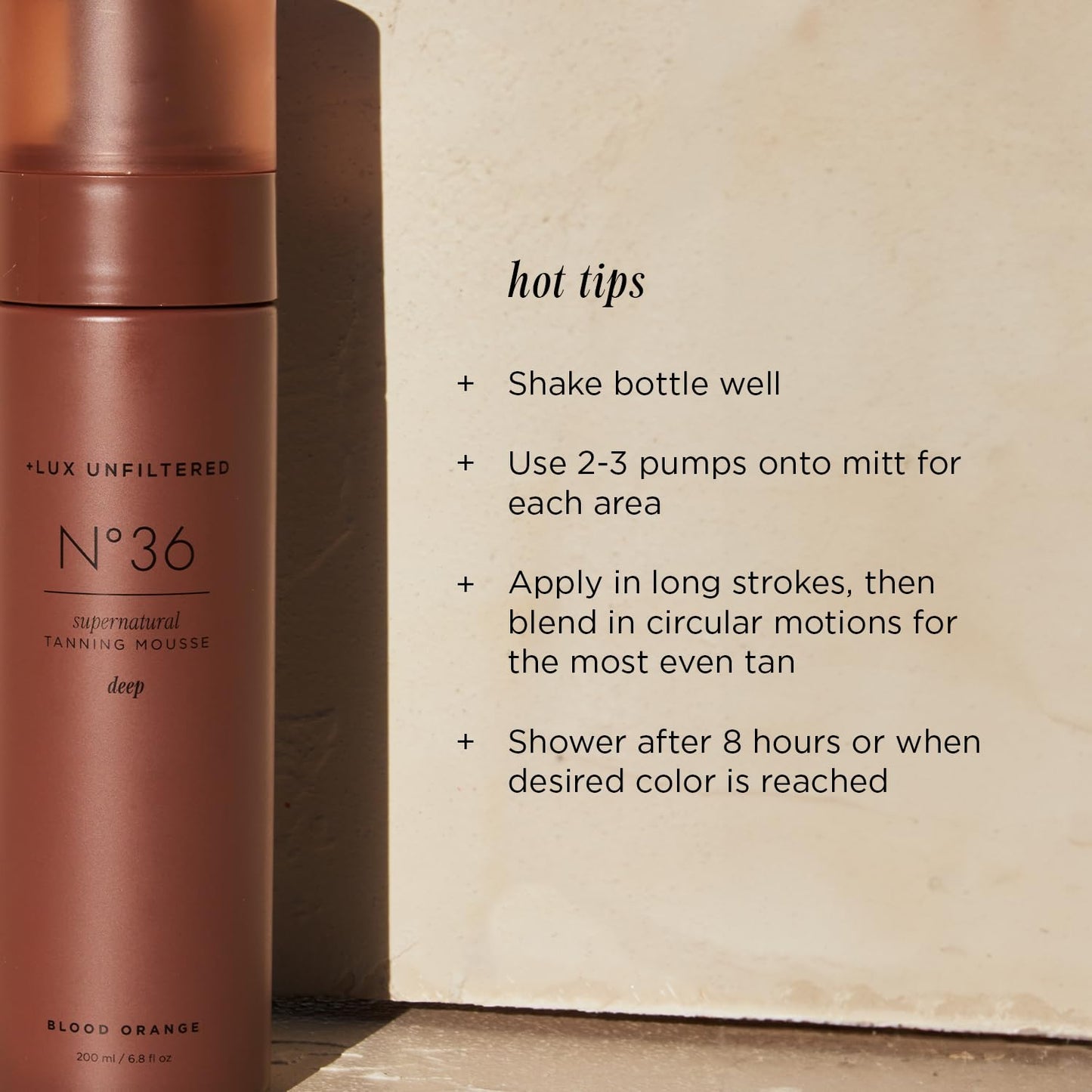 + Lux Unfiltered N°36 Deep Self Tanning Mousse - Self Tanner Mousse, Tanning Foam – Hydrating, Streak-Free, Natural-Looking Sunless Tanner - Vegan & Cruelty Free - Blood Orange