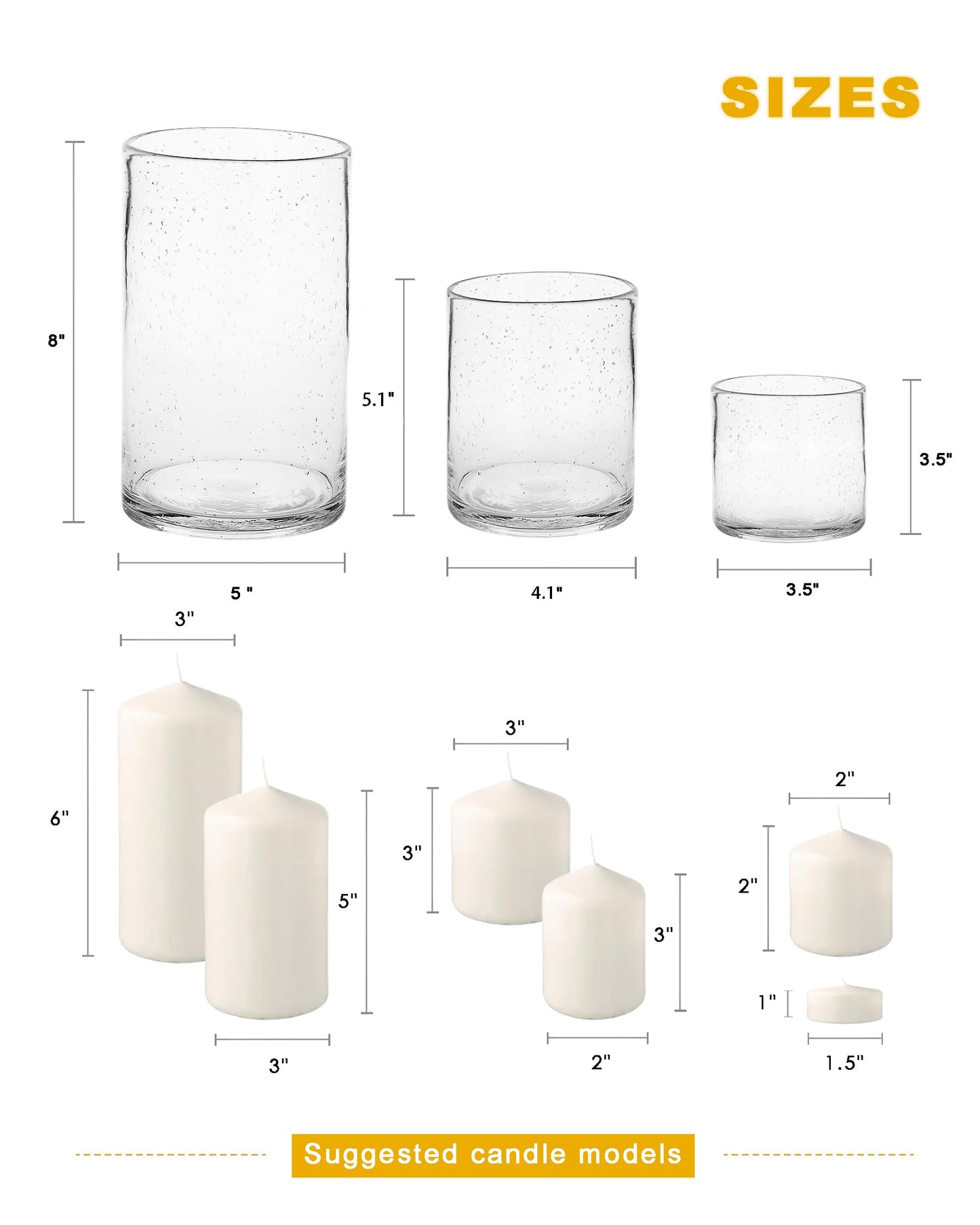 ARIAMOTION Glass Candle Holders Set, Hurricane Vase Centerpieces for Pillar Votive Flower,Clear Seeded Bubbles Cylinder Bulk, Mother's Day Birthday Gift,3 Sizes 8 Inch 5 Inch 3.5 Inch Height