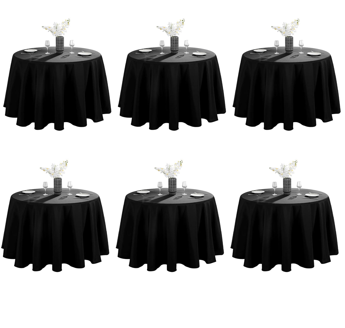 VidaFete 6 Pack 120inch Round Tablecloth Polyester Table Cloth, Stain Resistant and Wrinkle Polyester Dining Table Cover for Kitchen Dinning Party Wedding Round Tabletop Buffet Decoration(Black)