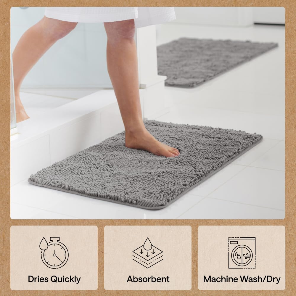 GORILLA GRIP Bath Rug Mat 54x24, Thick Soft Absorbent Chenille, Quick Dry Microfiber Mats, Rubber Backing Washable Shower Floor Rugs, Bathmat Runner, US Designed Bathroom Home Decor Accessories Grey