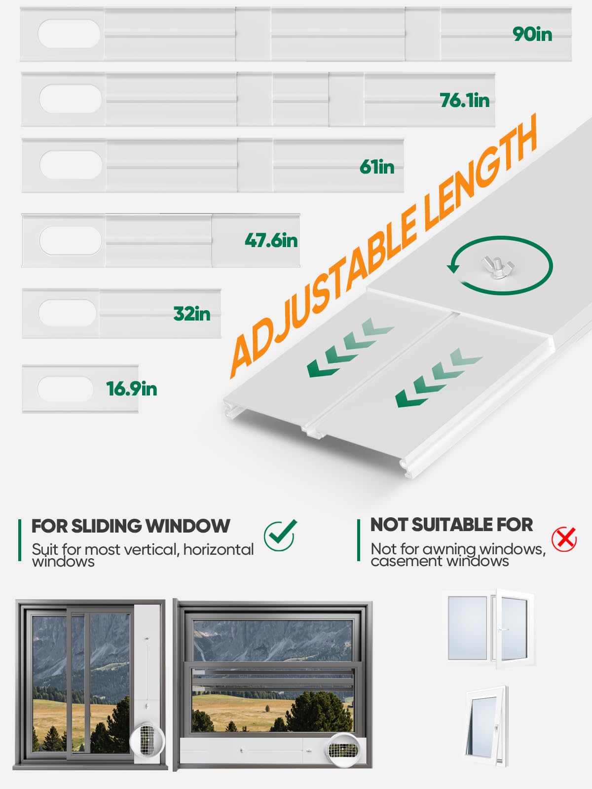 Plusluck Upgraded Portable Air Conditioner Window Vent Kit, With 5.9 Exhaust Hose, 6 Slide Seal Plates, Universal Coupler, Adjustable AC Vent Kit Ducting Universal for Horizontal & Vertical Windows
