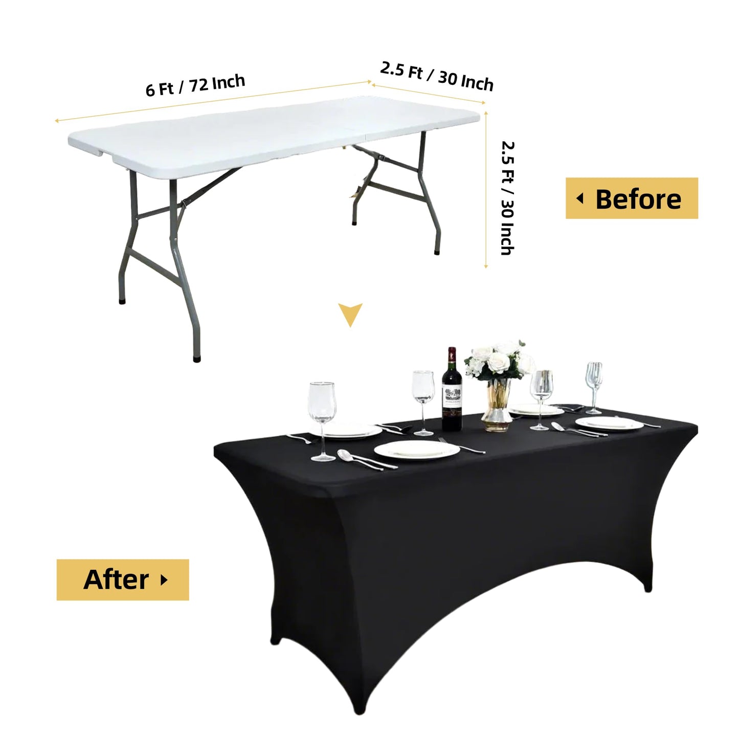 ZarzaaSik 6-Pack 6ft Black Spandex Table Covers for Rectangle Standard Folding Tables - Wrinkle Resistant Stretch Tablecloths - Ultimate Fitted Table Protector for Parties, Trade Shows, Wedding