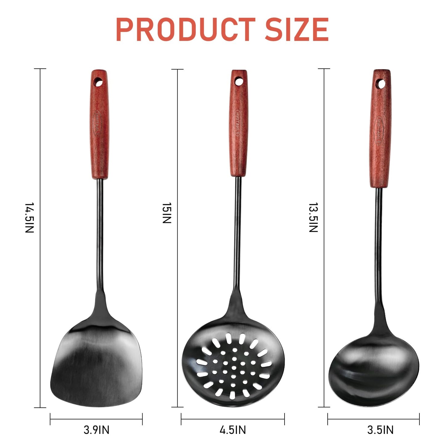 FJNATINH Wok Spatula and Ladle,Skimmer Ladle Tool Set, 17inches Spatula for Wok, 304 Stainless Steel Wok Spatula,Black