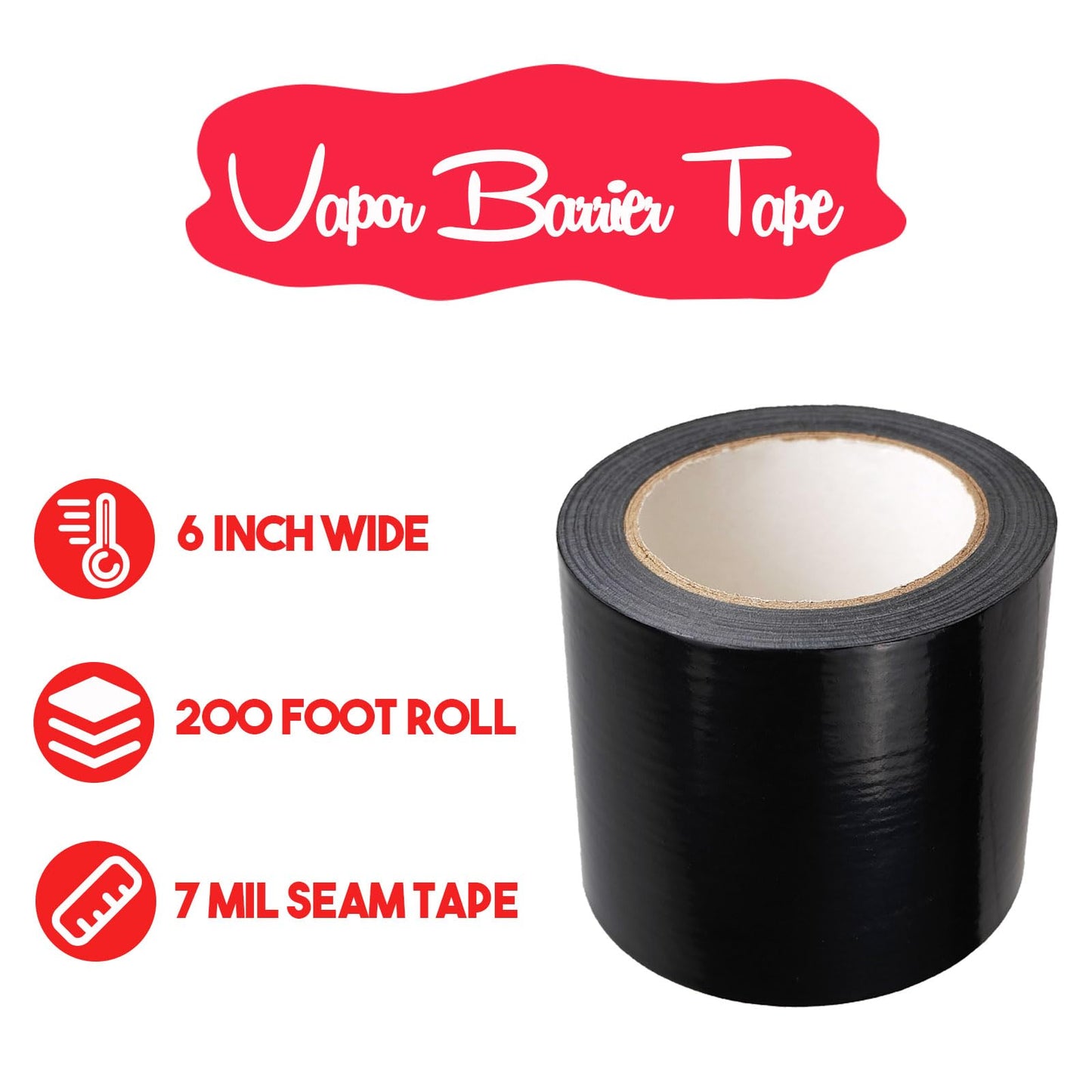 Autrends 6" Polyethylene Tape, Black Seal Tape for Crawl Space, Repair, Metal Building Seams, Construction Sheathing Seal Film, Housewrap Seaming and Underlayment Seal, 200 Foot Roll