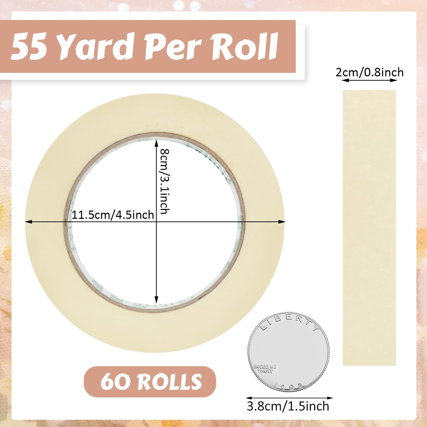Fainne 60 Rolls Masking Tape Bulk 55 Yards General Purpose Tape for Classroom, Labeling, Crafts, Office, School Projects, Easy Tear & Clean Removal, Beige White (0.8 Inch)