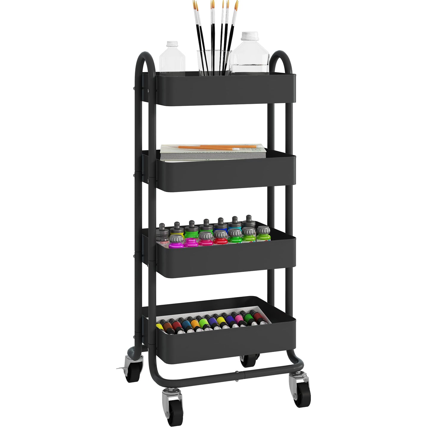 Elitehouse 4-Tier Metal Rolling Cart with Wheels,4 Tier Utility Cart with Wheels for Office,Home,Kitchen,Garden（13.4"x18.1"x40"） Black