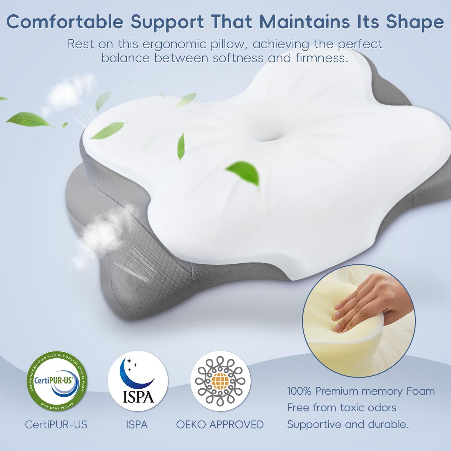 Fyova Cervical Neck Pillow, Ergonomic Memory Foam Pillows for Neck Pain Relief with Breathable Pillowcase, Adjustable Contour Neck Support Pillow for Side Back Stomach Sleepers, Odorless