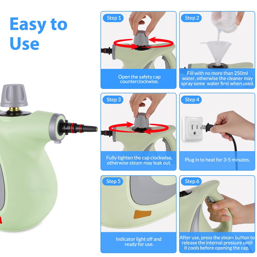 Handheld Pressurized Steam Cleaner with 12 pcs Accessories, Portable Steamer for Cleaning, Steam Cleaner for Home Use, Steamer for Cleaning Car, Furniture, Floor, Upholstery, Grout and Tile, Green