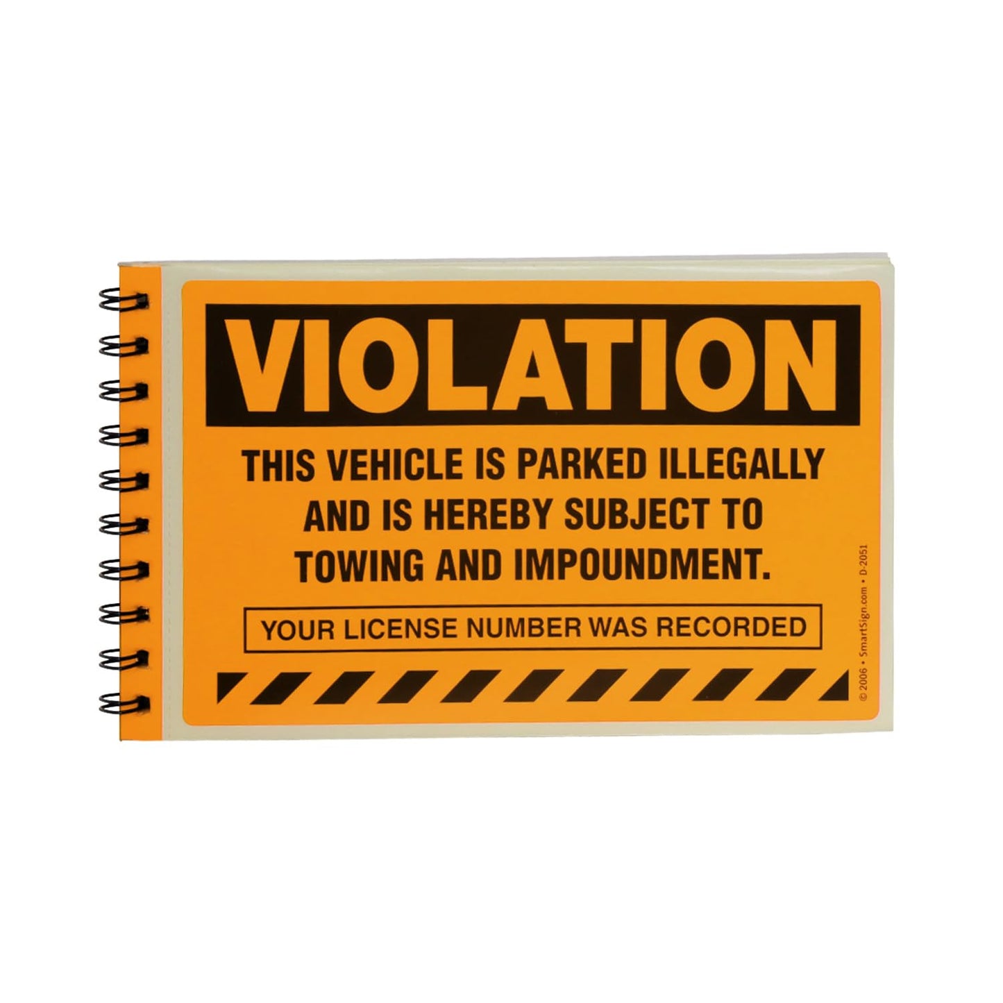 SmartSign Parking Violation Stickers, Book of 50 Stickers, 5" x 8", Vehicle Illegally Parked Subject to Impoundment Sticker, Hard to Remove Write-On Tickets, Fluorescent Orange