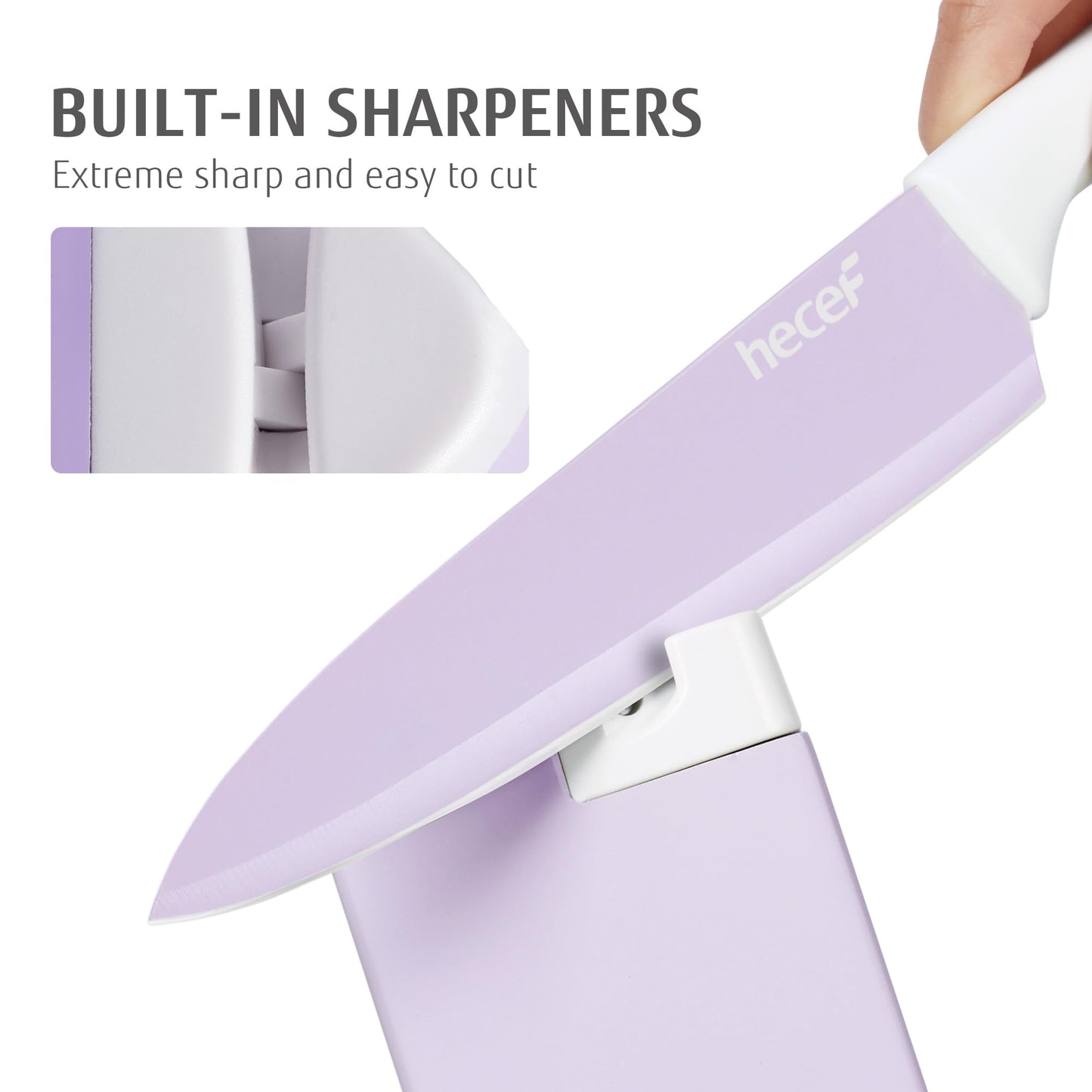 hecef 15 Pieces Kitchen Knife Set with Built-in Sharpening Wooden Block, Dishwasher Safe, High Carbon Stainless Steel Knife Block Set with Steak Knives, Kitchen Scissors, Purple