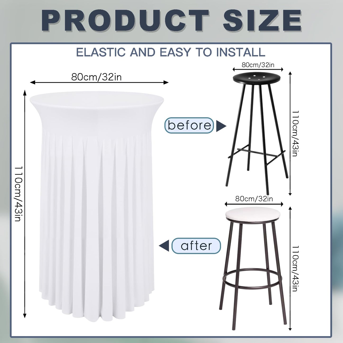 Lakluse 6 Pcs White Spandex Stretch Round Cocktail Table Skirt, 32x43 Inch High Top Table Covers, Fitted Table Cloths for Wedding, Bar, Banquet, Party Decor & Event Supplies