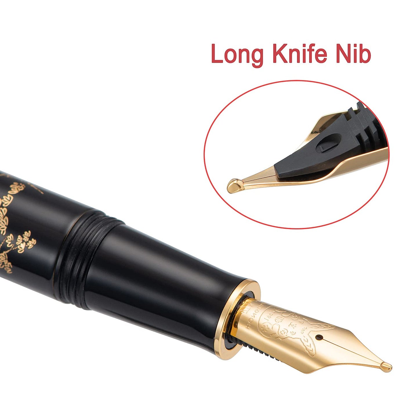 HONG DIAN Hongdian N23 Black Rabbit Fountain Pen, Long Blade Medium Nib Gold Trim, New Year Lucky Rabbit Carving Design, Smooth Writing Pen with Converter and Metal Pen Box Set