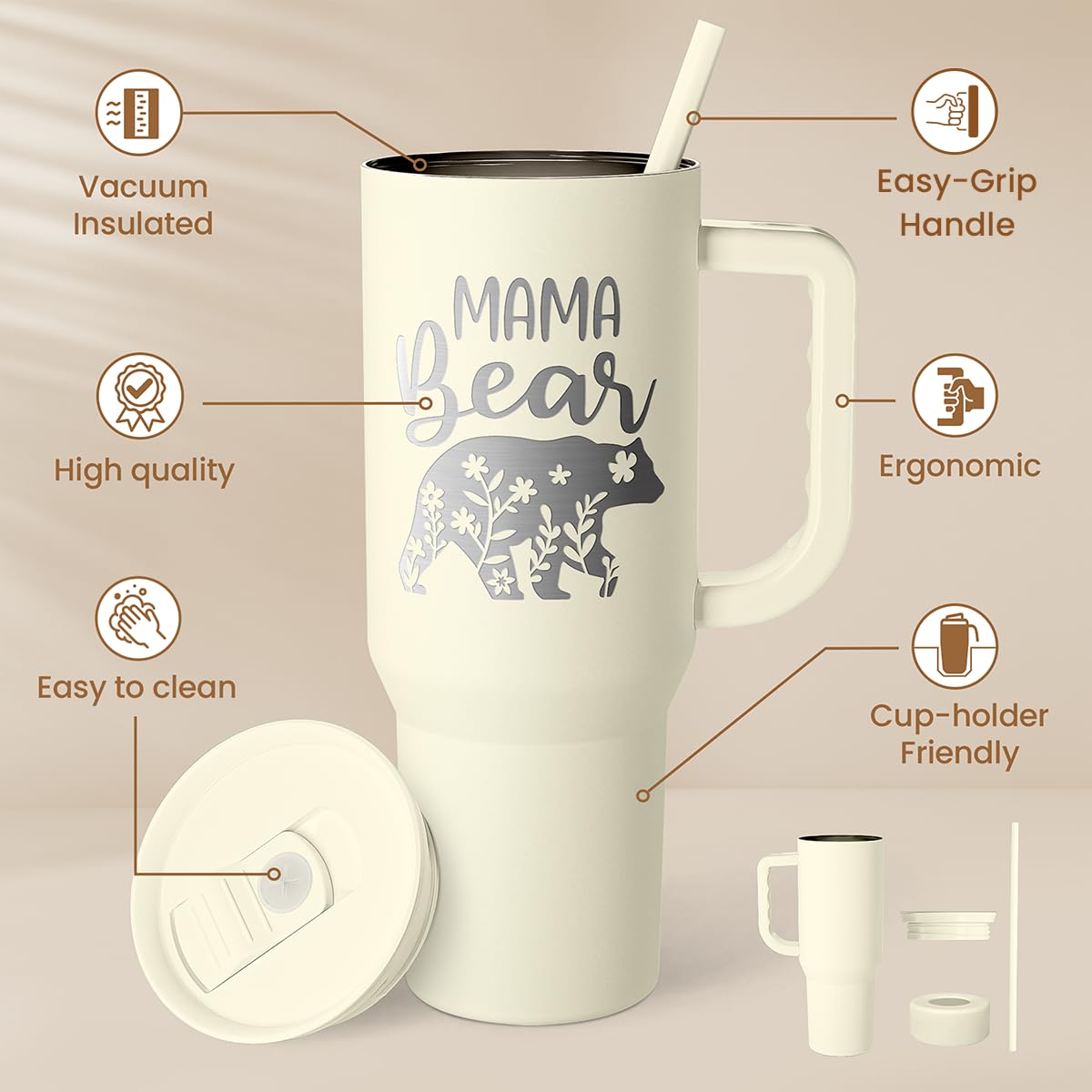 Mom Tumbler with Handle 40oz, Mama Bear Cup Stainless Steel Insulated Tumblers Coffee Travel Mug, Gifts for Moms from Daughter Son, Best Mother Gift for Christmas Birthday Mothers Day