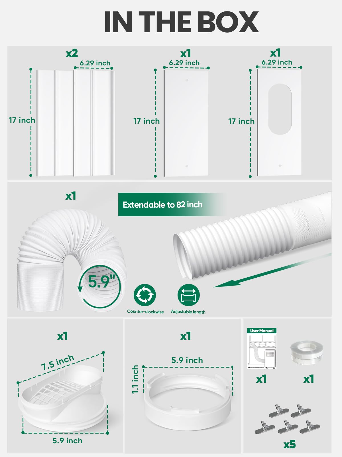 Plusluck Upgraded Portable Air Conditioner Window Vent Kit, With 5.9 Exhaust Hose, 6 Slide Seal Plates, Universal Coupler, Adjustable AC Vent Kit Ducting Universal for Horizontal & Vertical Windows