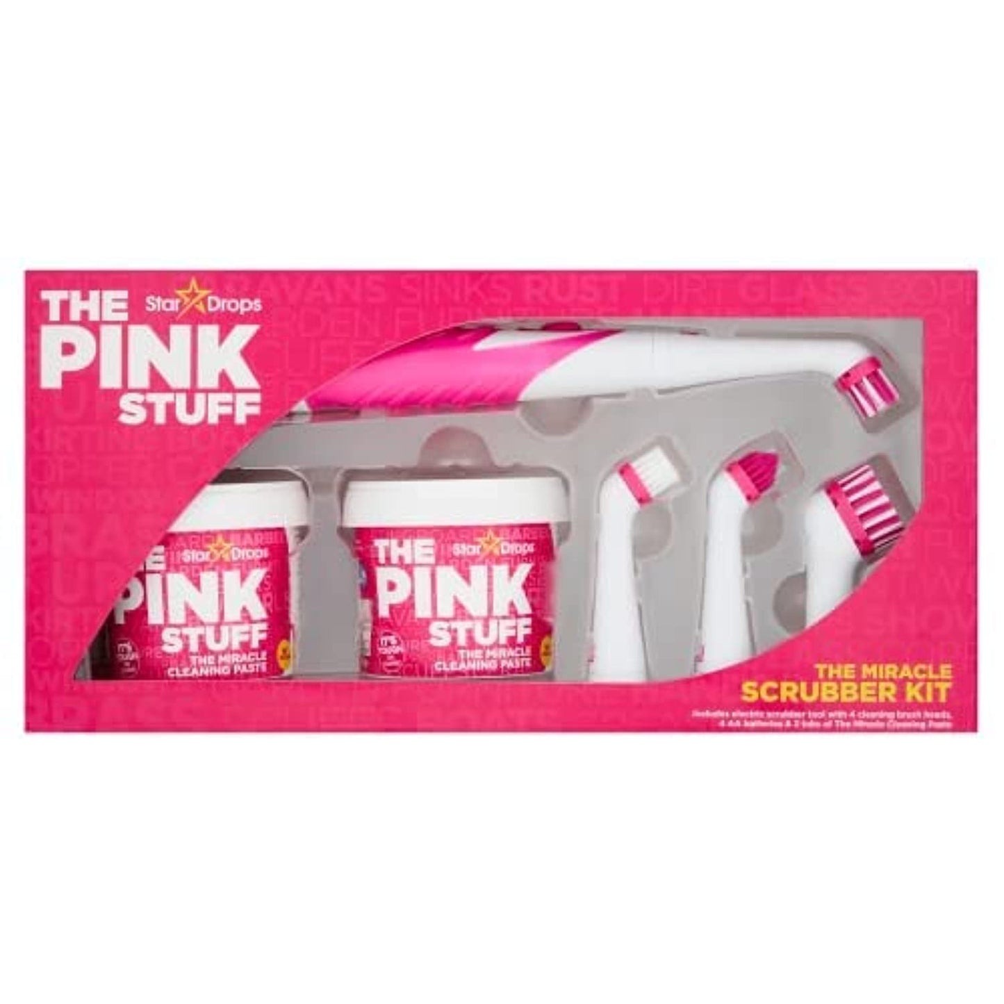 Stardrops - The Pink Stuff - The Miracle Scrubber Kit - 2 Tubs of The Miracle Cleaning Paste With Electric Scrubber Tool and 4 Cleaning Brush Heads, 6 Piece Set