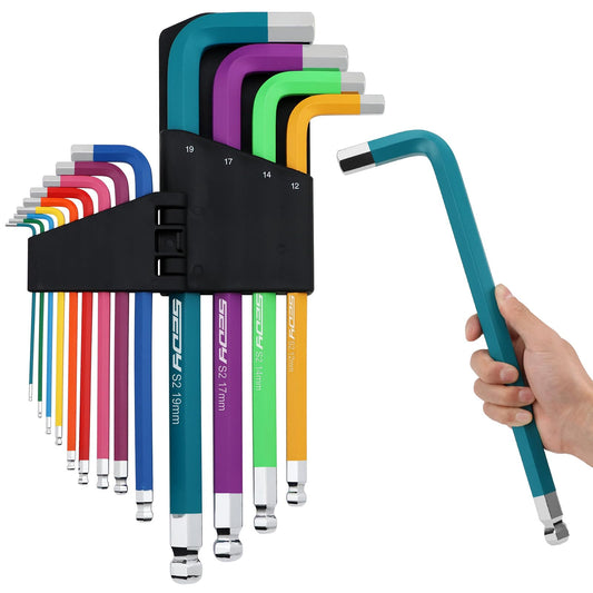 13-Piece Color Coding Jumbo Ball End Long Arm Hex-Key Large Allen Wrench Set, Metric (2-19MM) Anti-Slip Long Ball End Hex Wrench Set, Chrome Vanadium Steel, for Automotive, Bicycle Repairs and DIY