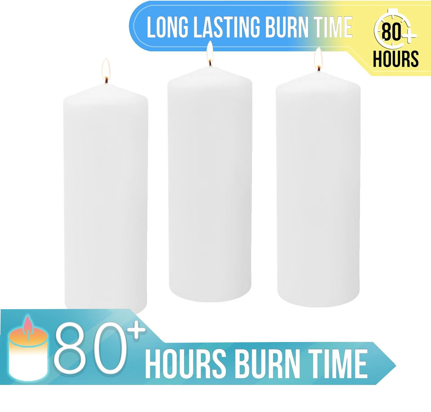 Stonebriar 3 Pack Tall 3 x 8 Inch 80 Hour Long Burning Unscented White Wax Pillar Candles