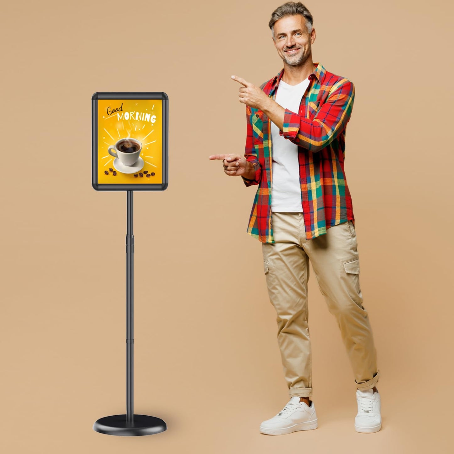 Newzueby Adjustable Pedestal Floor Stand Sign Holder for 8.5 x 11 inches Poster, Snap open frame, Outdoor Indoor Standing Display Sign Holders. (2 Pack)