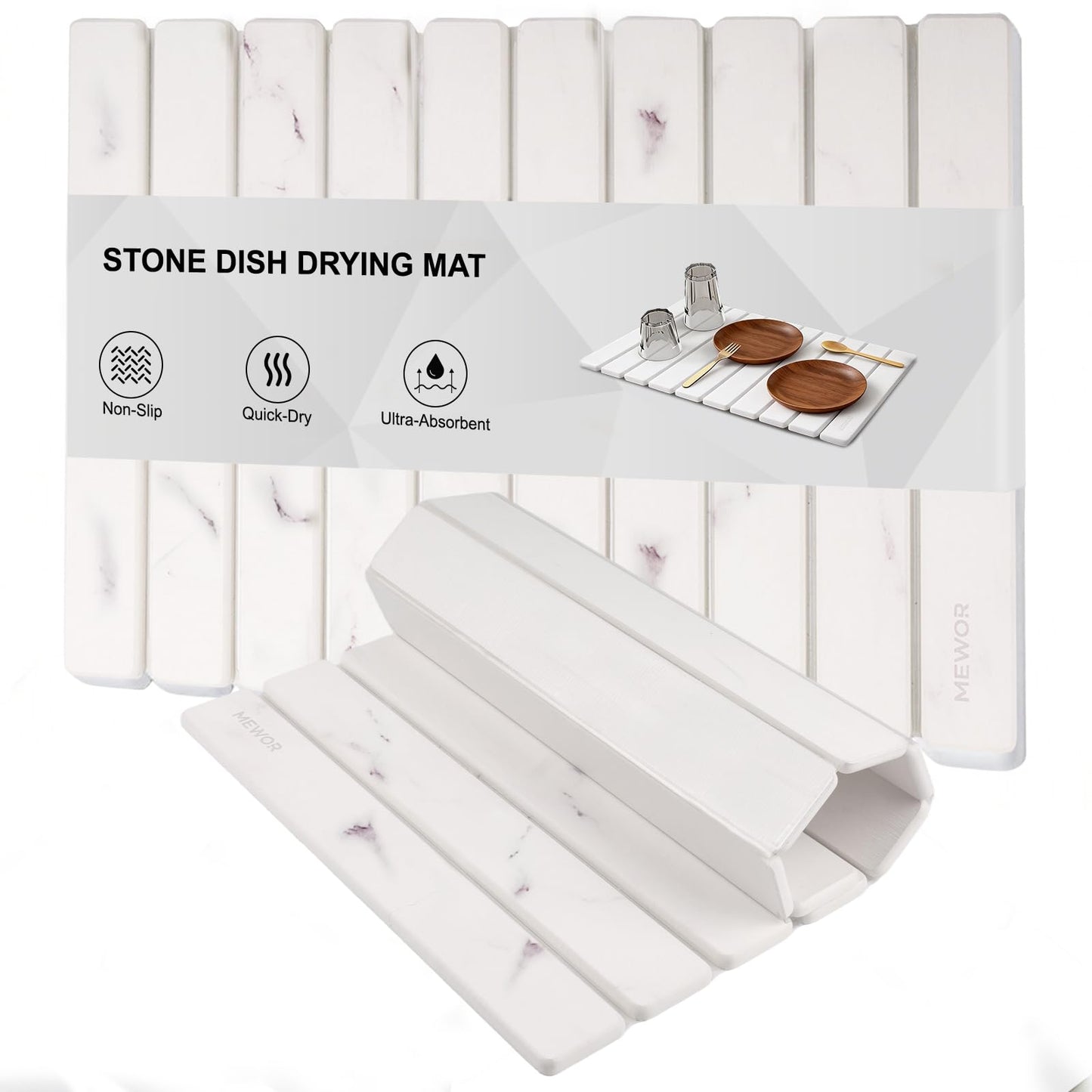 Stone Drying Mat for Kitchen Counter, 24"(L)×16"(W), Collapsible Quick Dry Stone Dishes Mats, Absorbent Diatomaceous Earth Mats for Kitchen, Bathroom