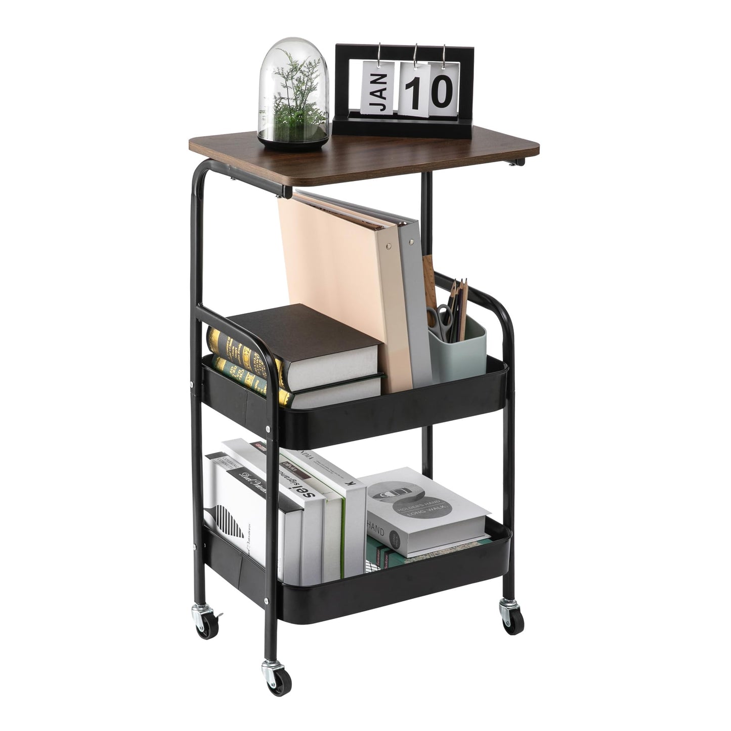 Beramon 3-Tier Metal Rolling Utility Cart with Wooden Tabletop, Mobile Storage Organizer with Lockable Wheels for Kitchen, Bathroom & Home