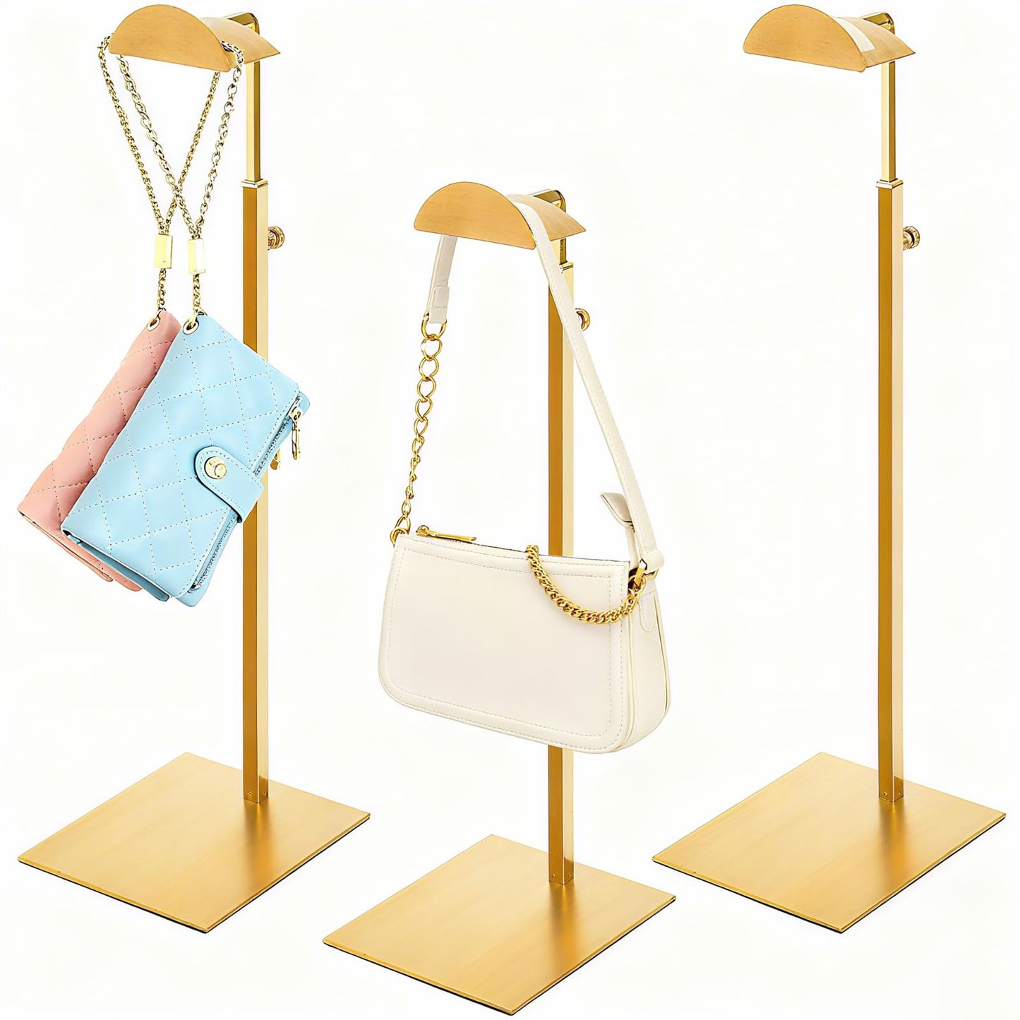 Hacaroa Set of 3 Purse Display Stand Stainless Steel, Adjustable Metal Handbag Holder Gold Tabletop Bag Rack, Single Hook Jewelry Display Stand for Closet, Boutique, Store
