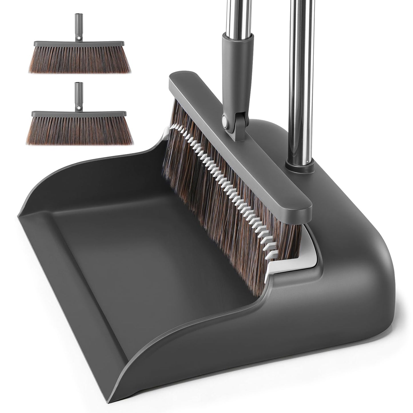 MOPALL Broom with Dustpan Combo Set with 52.5" Extra Long Handle, Self-Cleaning Dustpan Teeth for Dog Cat Pets Hair, 180° Swivel Brooms Head for Sweeping Indoor, Includes 2 Broom Heads