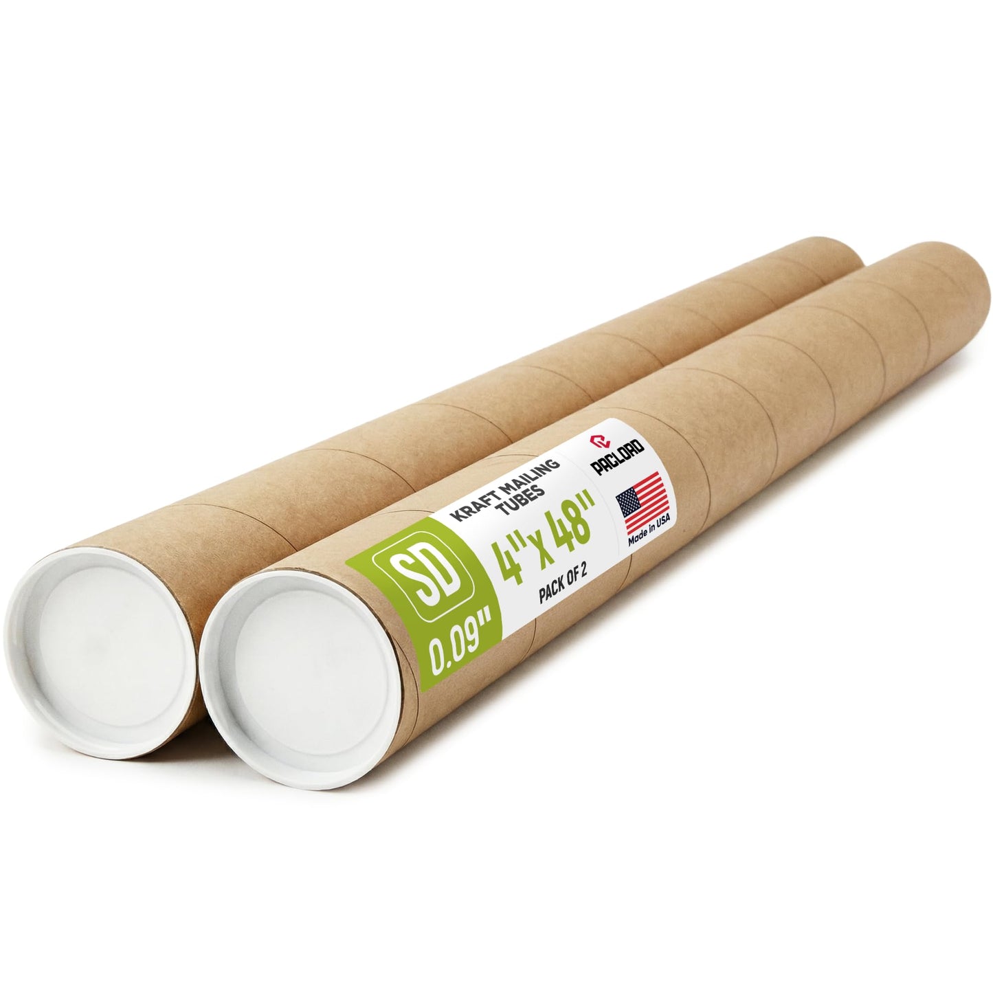 4" x 48" Reinforced Kraft Paper Mailing Tube, Pack of 2 Tubes with 4 Caps – Secure USPS Approved Poster Tube – Made in USA Cardboard Tube for Shipping and Storing Posters, Prints, Artwork
