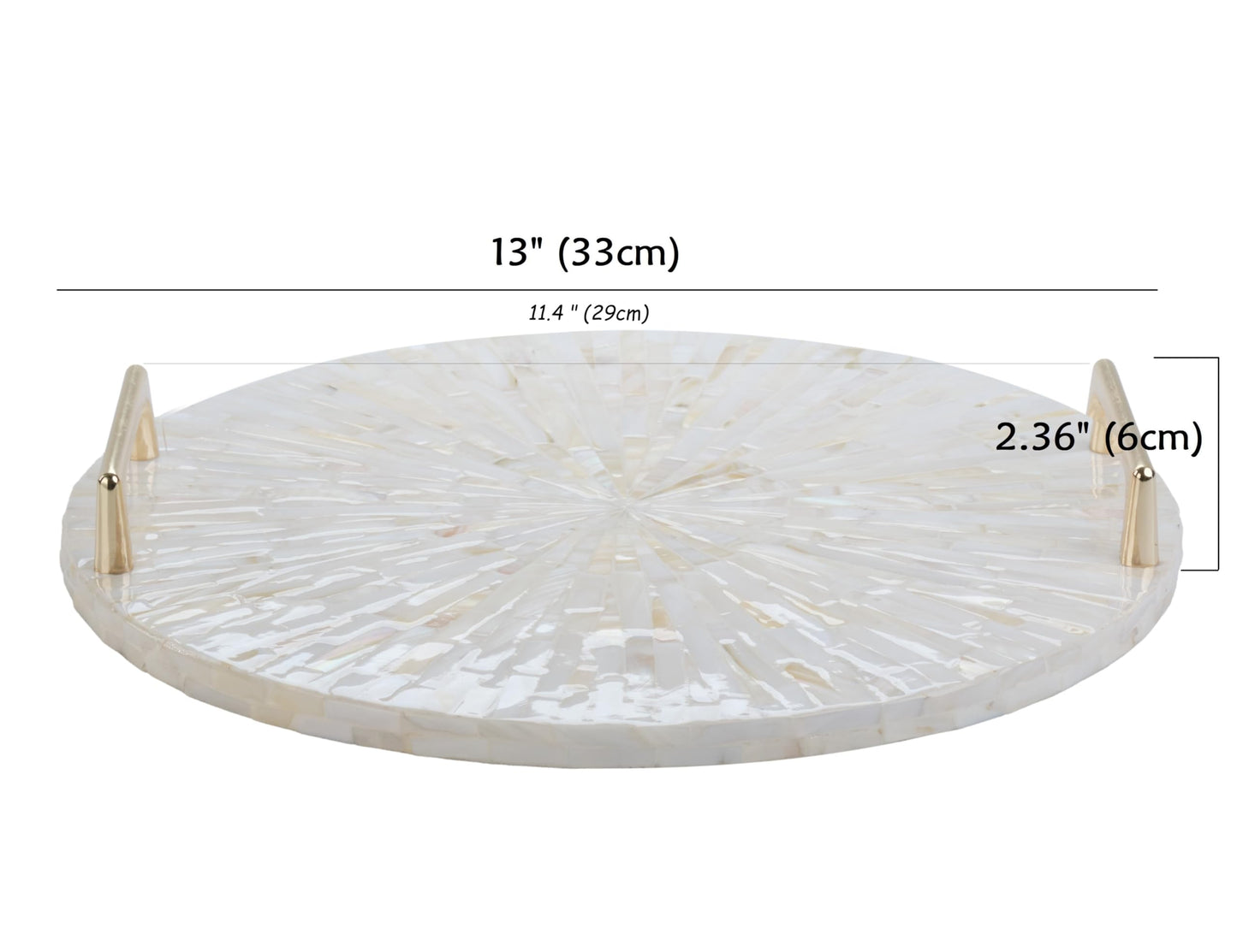 PEMAR Mother of Pearl Decorative Tray, 13"" Round with Gold Metal Handles, Vanity/Perfume/Trinket Tray, Catchall for Dresser, Bathroom, Vanity Table (White Sunlight), PM24-PM15
