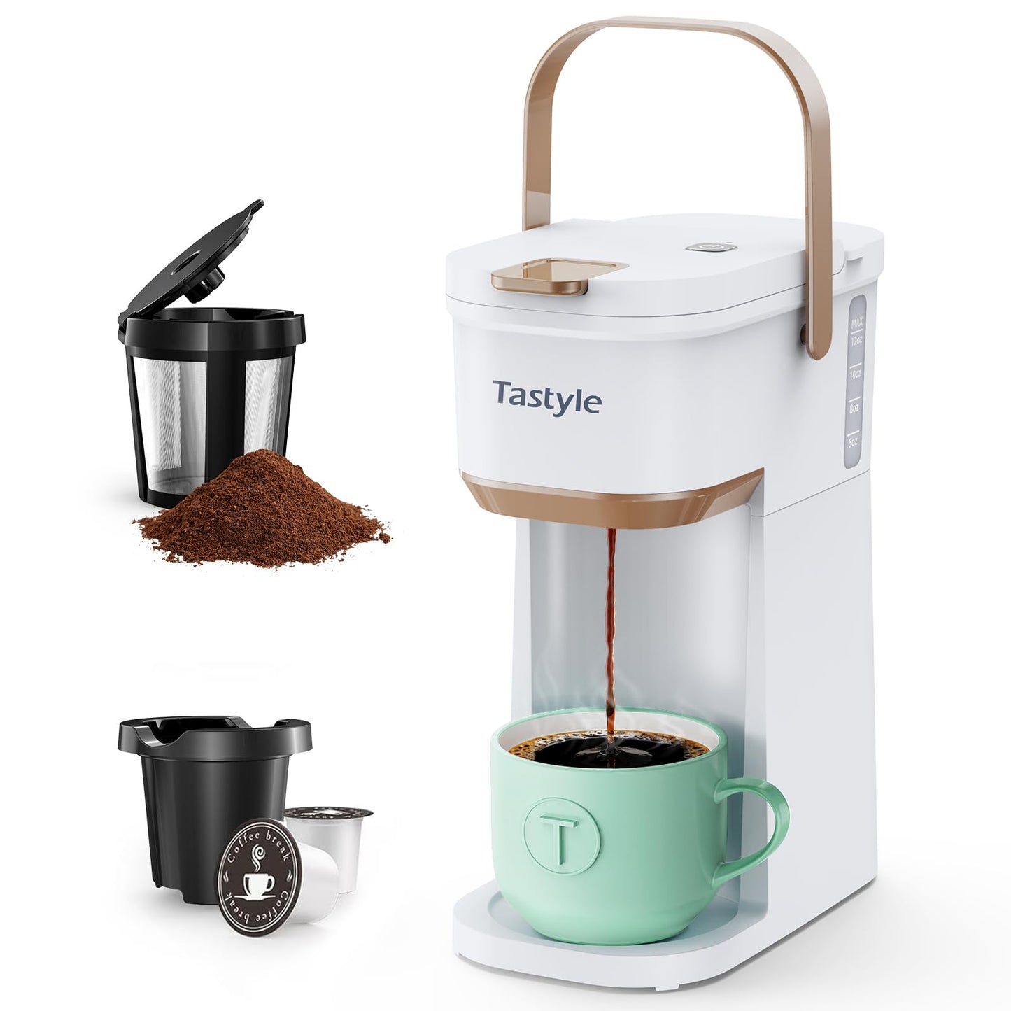 Tastyle Single Serve One Cup Coffee Maker, for K Cups and Grounds, Mini Coffee Maker with Portable Handle, 6 to 12 Oz Brew Size, for Travel, Camping, Office, RV and Dorm, 120V, White and Brown