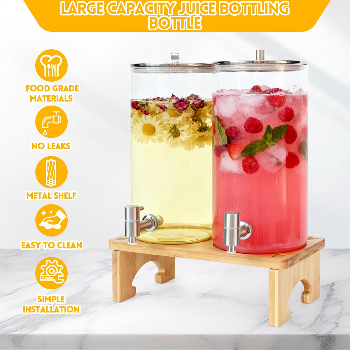 2 Pack 1.5 Gallon Drink dispenser with Stand，Glass Beverage Dispenser With Wood Stand, 18/8 Stainless Steel Spigot and Labels Large Water Drink Dispensers for Parties, Lemonade,Juice, Tea