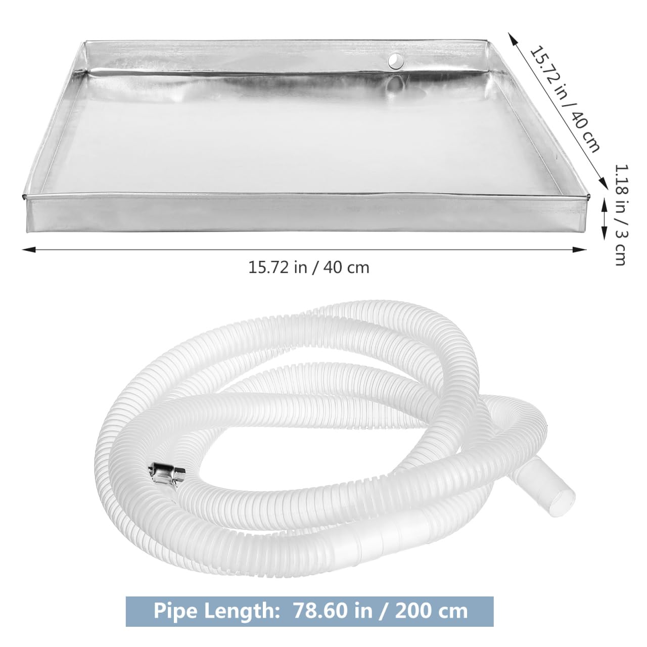 Mikikit Air Conditioner Drip Pan 16 Inch Stainless Steel External Unit Water Tray with 6.5 Feet Drain Hose and Clamp Universal Ac Drain Pan for Portable and Outdoor Air Conditioning Units