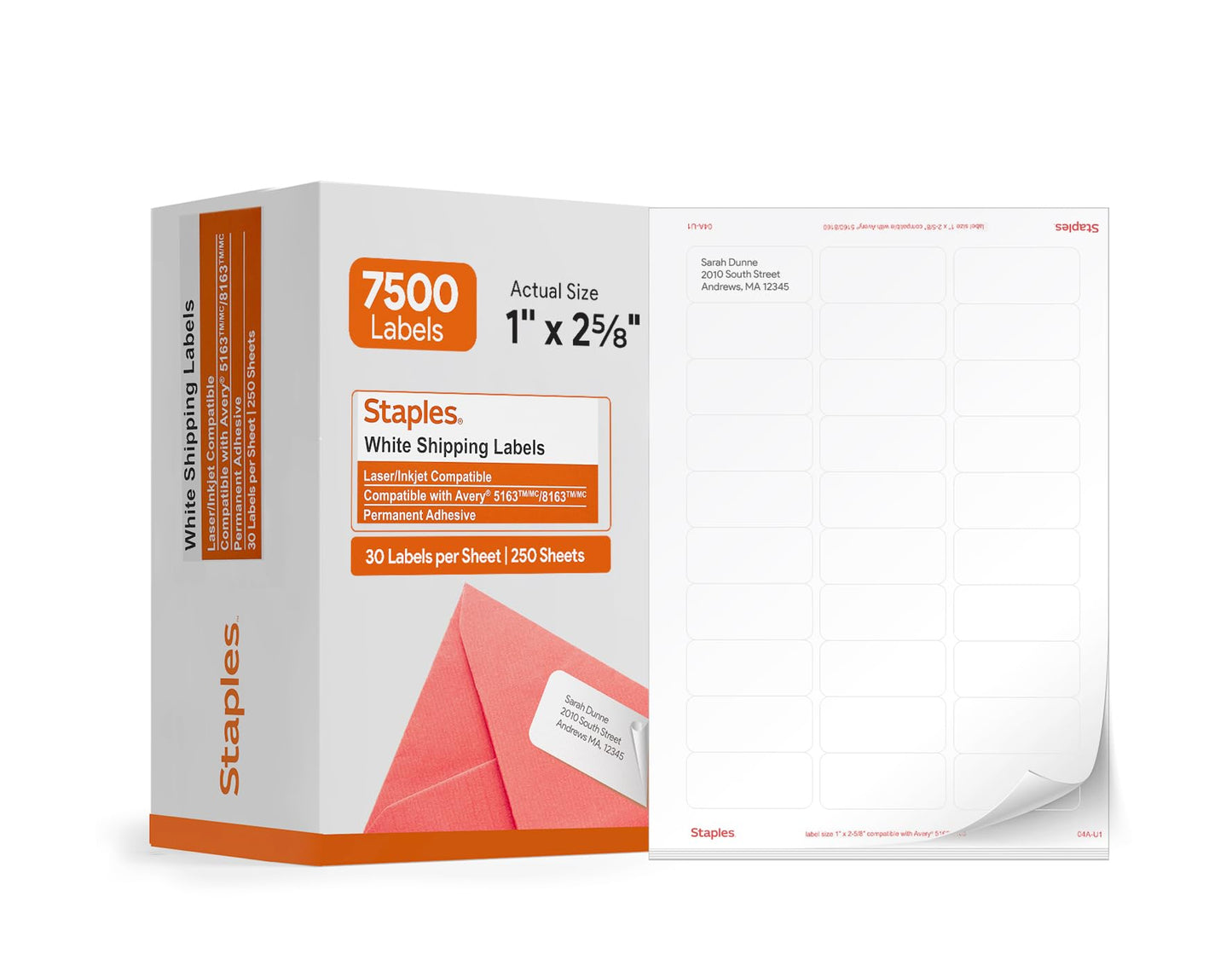 Staples 1" x 2-5/8" Address Labels, White – Easy-Peel Printable Laser & Inkjet Mailing Labels, 7,500 Labels (30 per Sheet)
