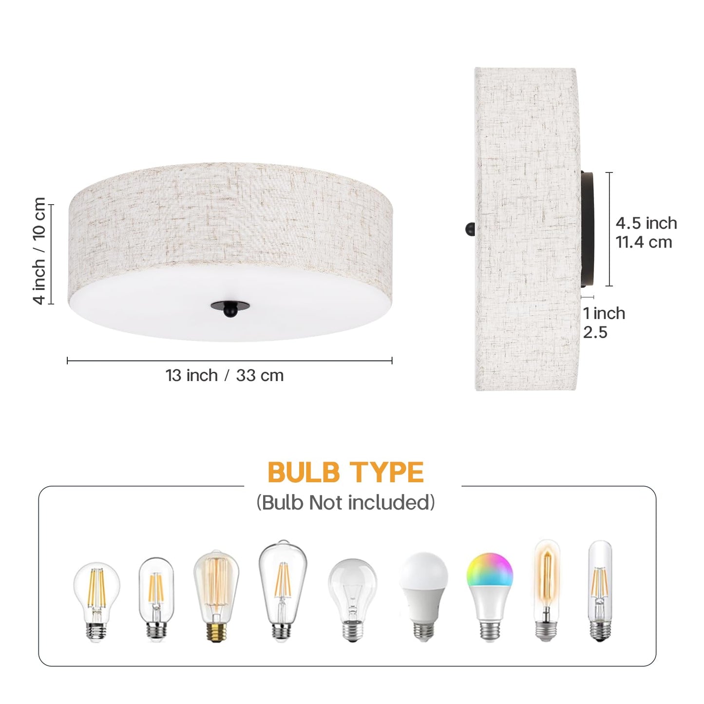 CALOKES Flush Mount Ceiling Light Fixture, 13" Close to Ceiling Light with Beige Fabric Linen Drum Shade, 2-Light Modern Round Ceiling Light for Bedroom Hallway Dining Kitchen