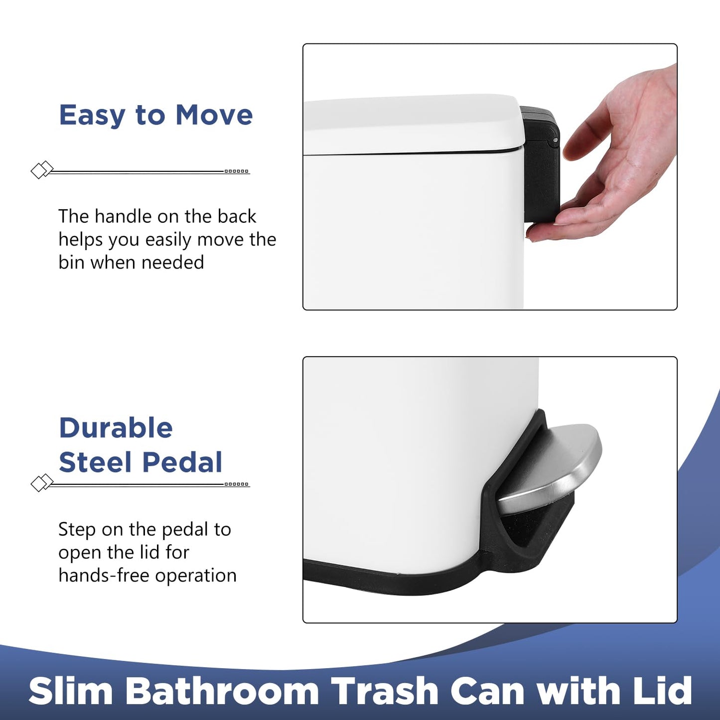 BestOffice Bathroom Trash Can with Lid, 1.3 Gallon Step Pedal Small Trash Can, White Stainless Trash Bin for Bathroom, Bedroom, Kitchen, Office (5L)