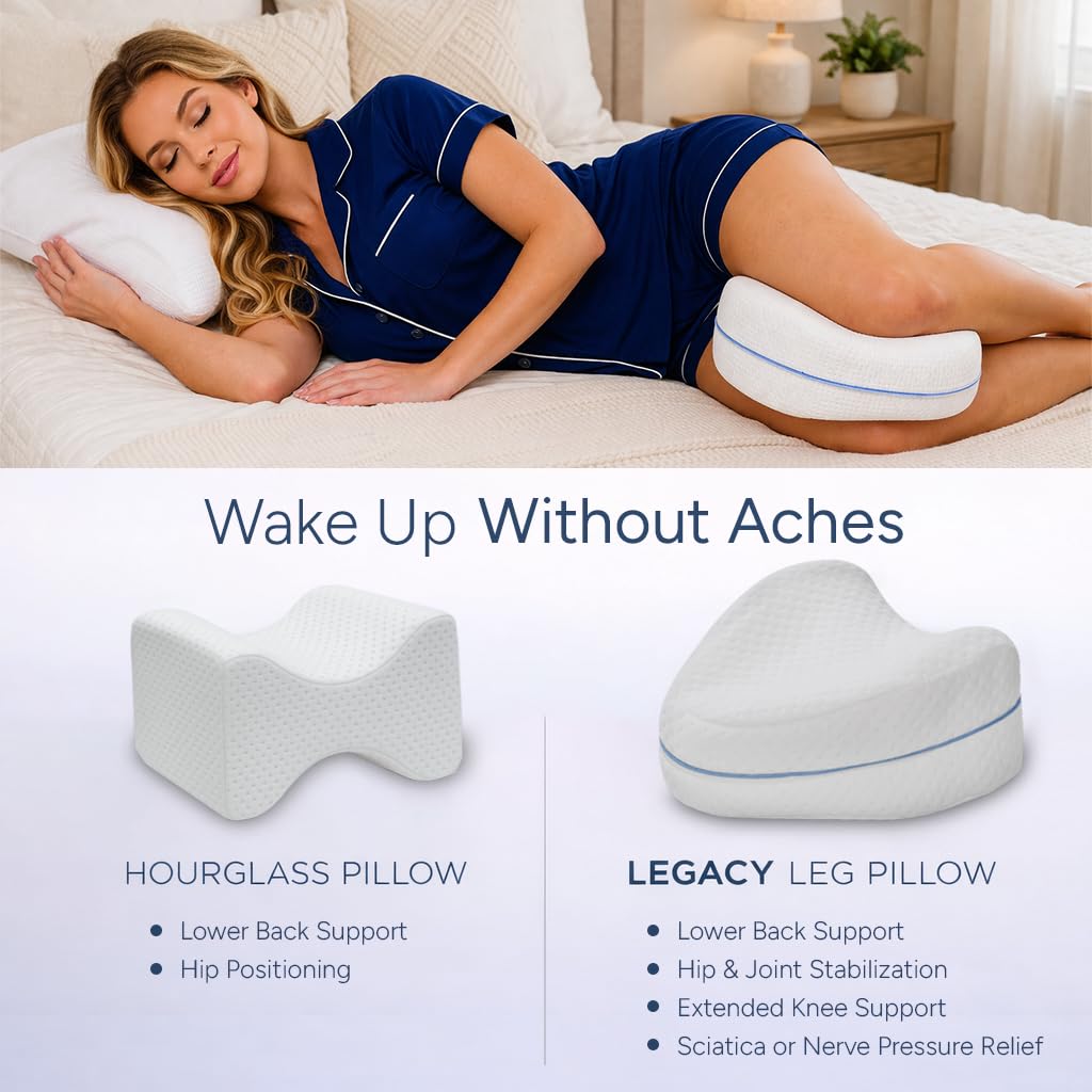 Contour Legacy Leg & Knee Foam Support Pillow for Side Sleepers Soothing Relief for Back, Hips, Knees, Joints, Nerves & Muscles - Includes Removable 18" Strap
