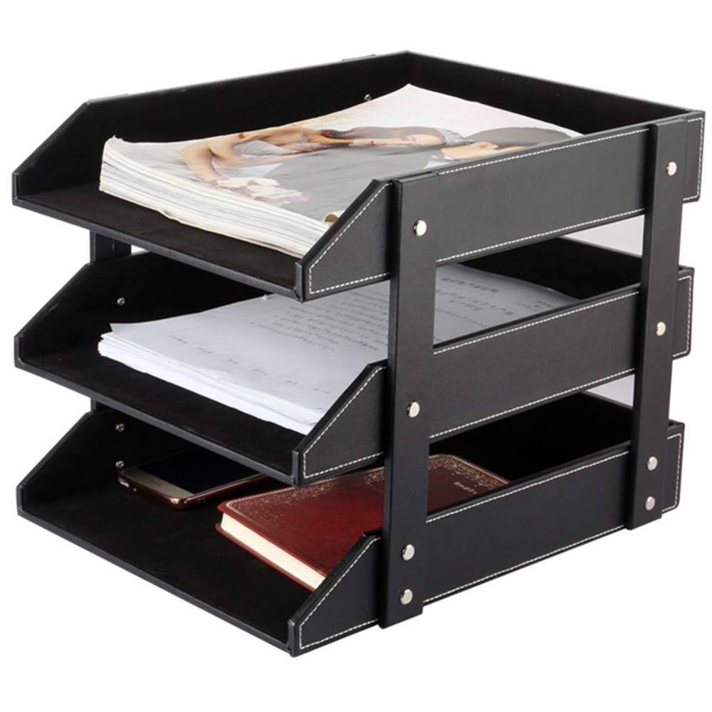 Leather Desk File Organizer, 3-Layer Stackable Tray, Used to Store documents, folders, Stationery, Magazines, Newspapers, Letters, and Other Home Office Sundries Desktop Organization Holder(Black)…