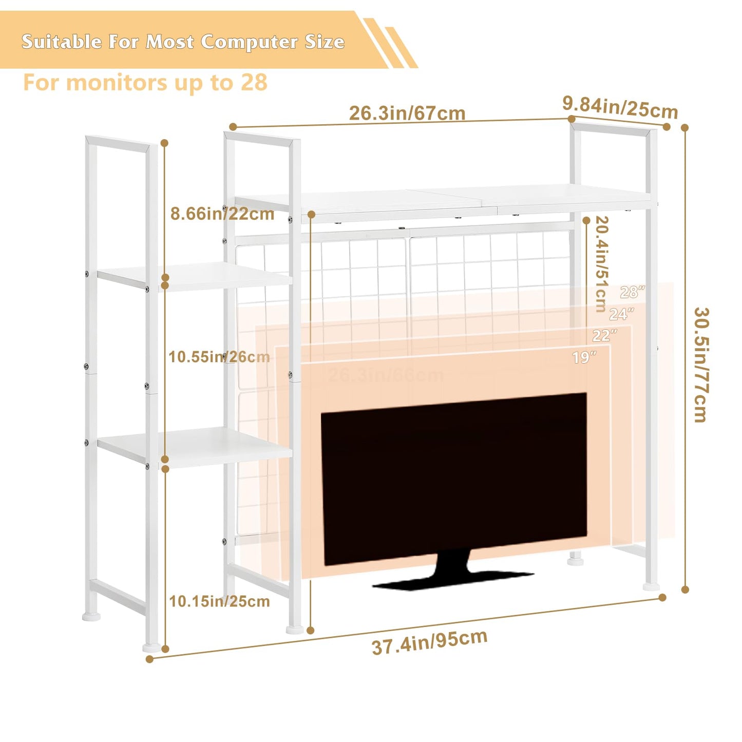 YBING Desk Shelf, 37.4" Desktop Organizer Shelf, Desk Hutch for Computer Monitor, Display Bookcase Rack with Grid Panel, Wood Desktop Bookshelf for Home Office, White