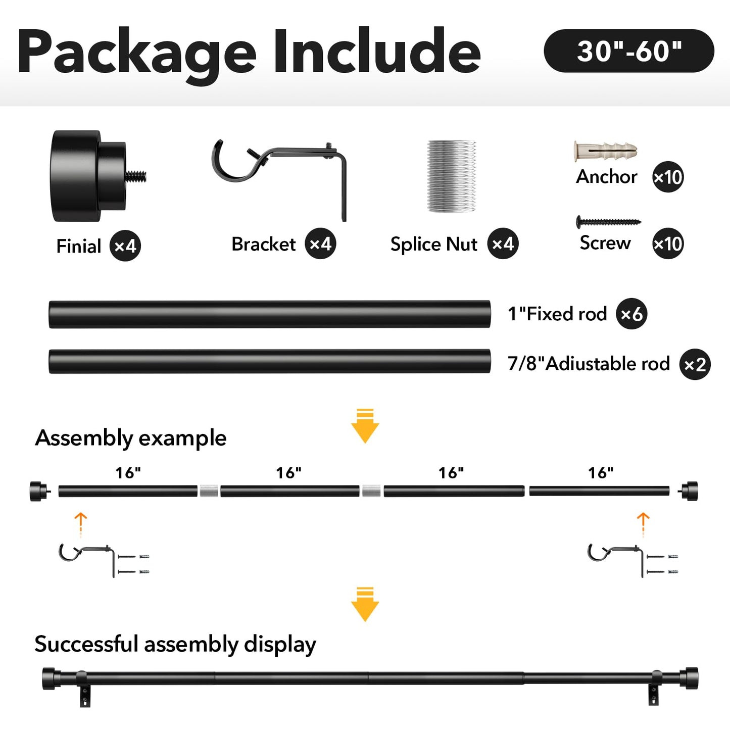 IFELS 2 Pack Heavy Duty Curtain Rods for Windows 28 to 48 Inch, 1 Inch Black Adjustable Curtain Rod Set with Easy Installation and Modern Design (A1,Black,30-60",2Pack)