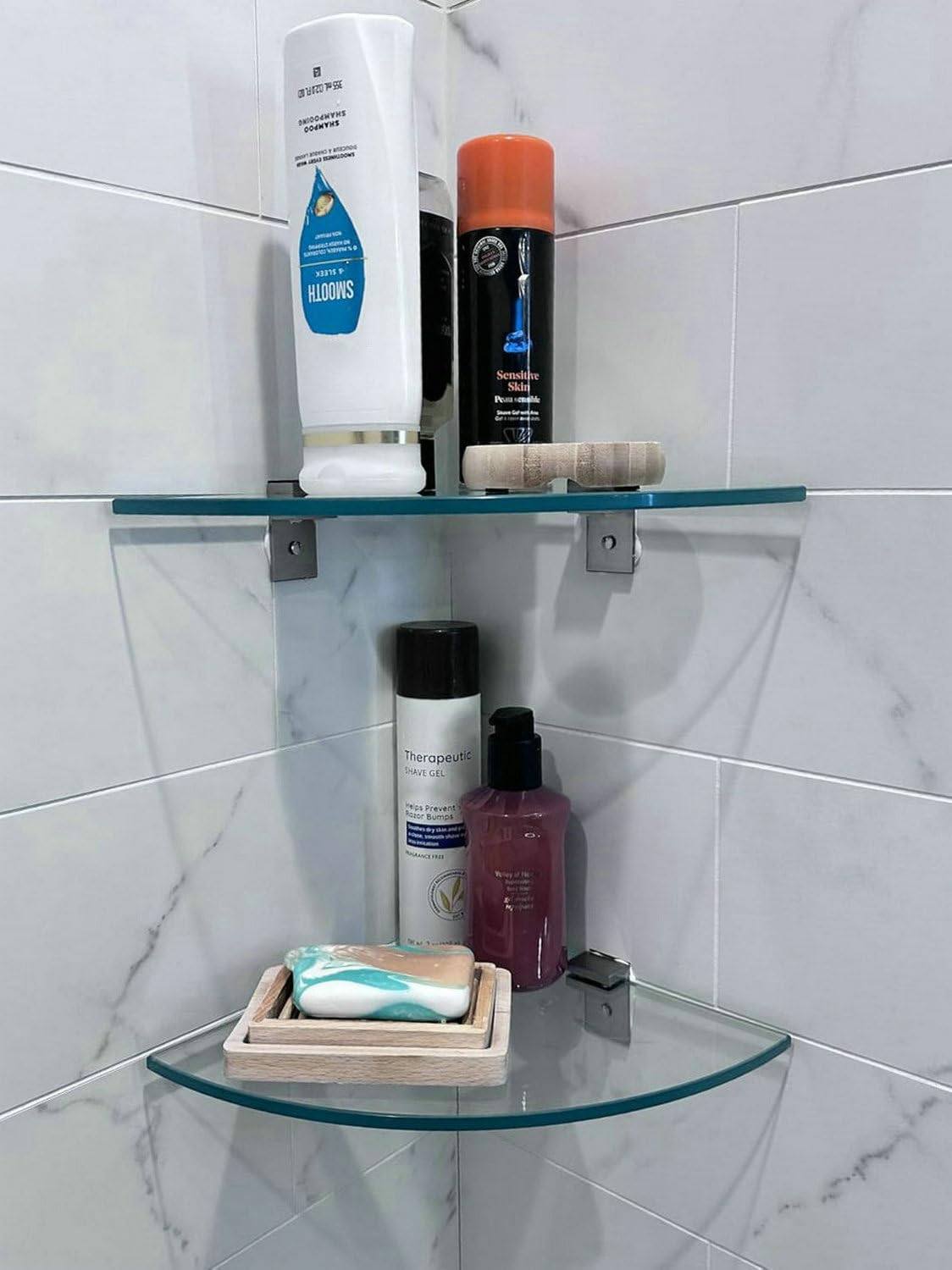 Bakzon Glass Corner Shower Shelf 2 Pack, 9.5" Tempered Glass Shower Caddy No Drill Adhesive Wall Mount, Holds 22 lbs, Rustproof Aluminum Brackets, Bathroom Corner Shelf for Inside Shower