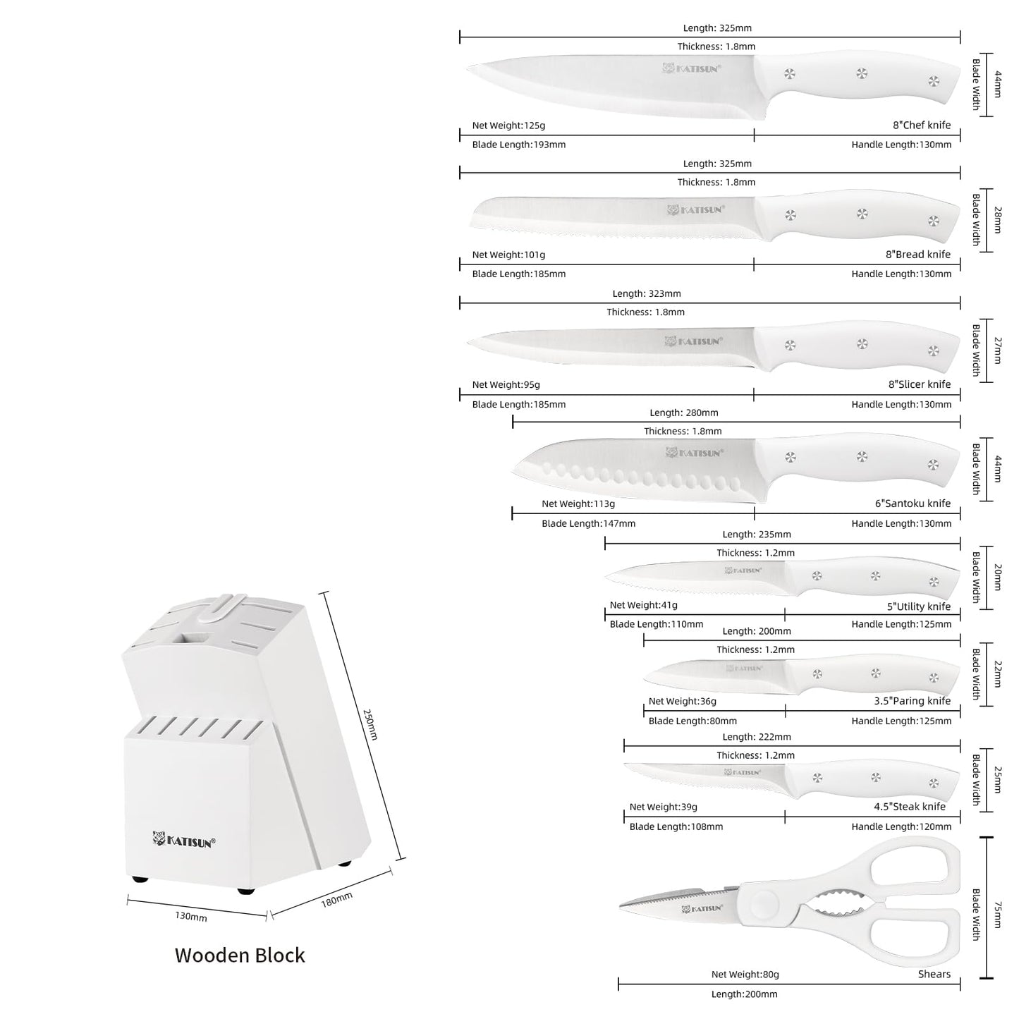 KATISUN 15-Piece White Kitchen Knife Set with Built-in Sharpening Stone, Ergonomic Triple Rivet Fixed Handles, Dishwasher Safe
