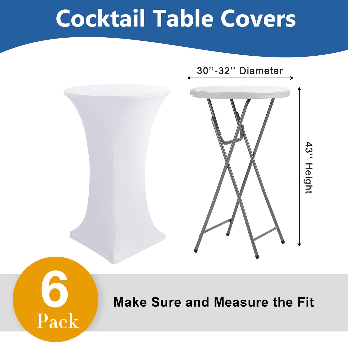 Enjoyidea Cocktail Table Covers-Spandex Round High Top Table Cloths 6 Pack 32x43 Inch-White Stretch Fitted Bar Tall Tablecloth for Pub Bistro Highboy Party Event Banquet Height Folding Satnding Tables