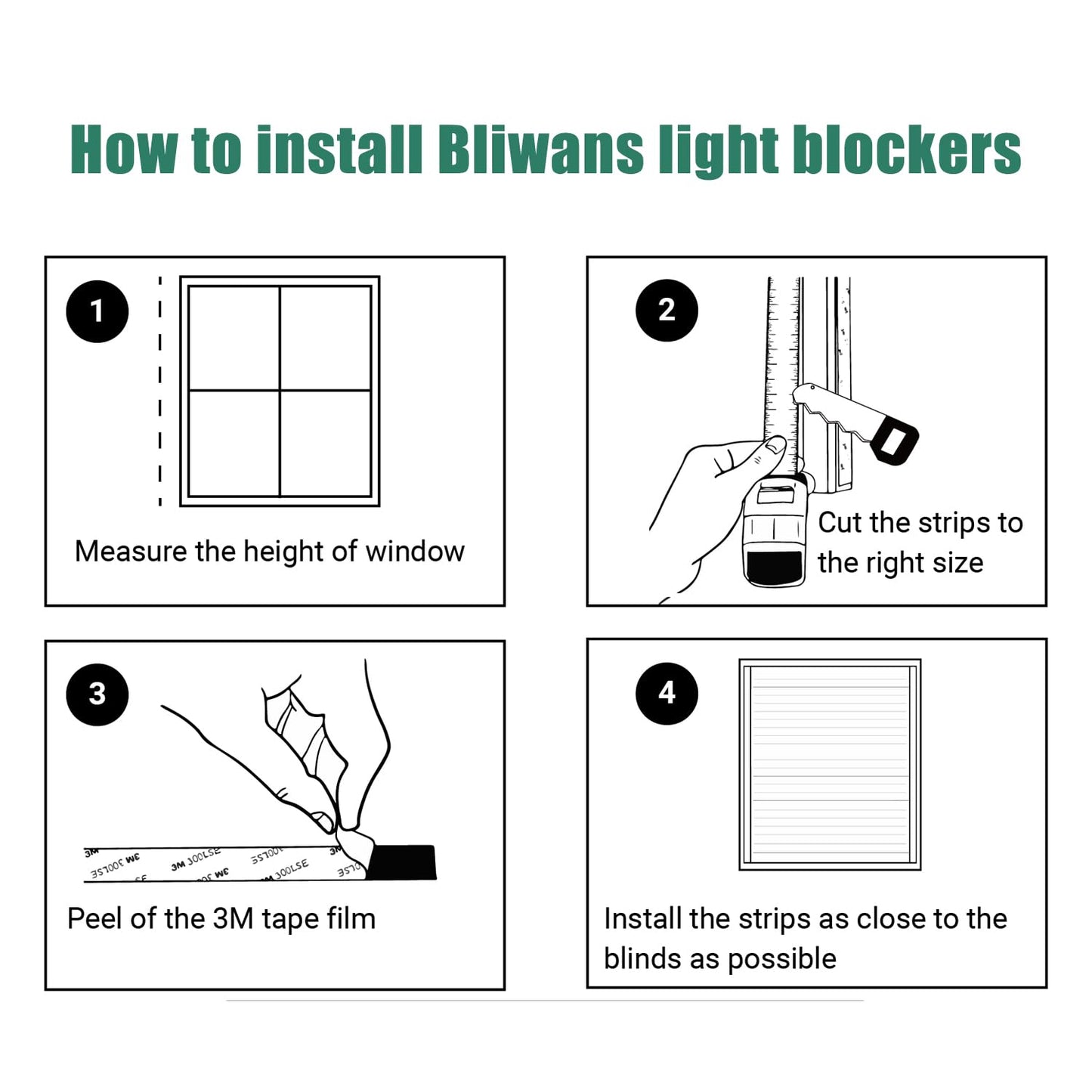 Bliwans Light Blocking Strips for Window Shades and Blinds, 100% Blackout PVC Side Tracks Light Blocker for Blinds, Window Light Blocker for Bedroom(Black, 58", 2PCS)